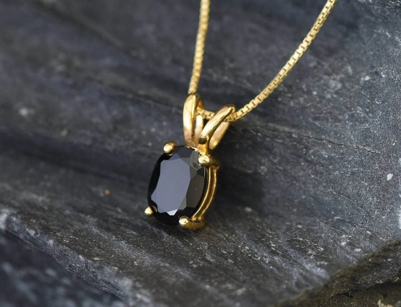 Gold Onyx Pendant - Natural Onyx Necklace, Black Oval Pendant