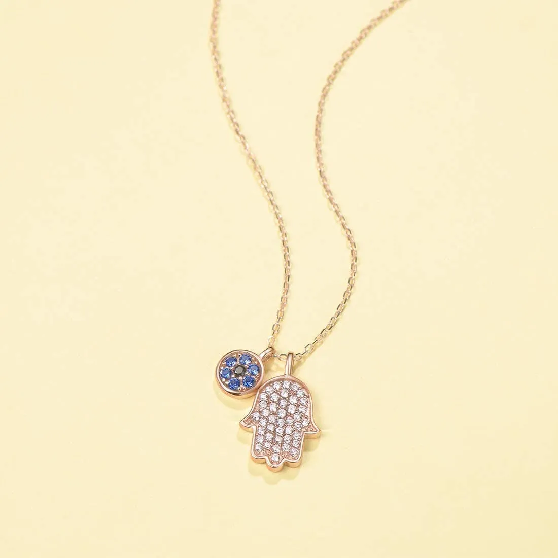 Hamsa 14K Real Rose Gold Pendant Necklace, 18 INCH