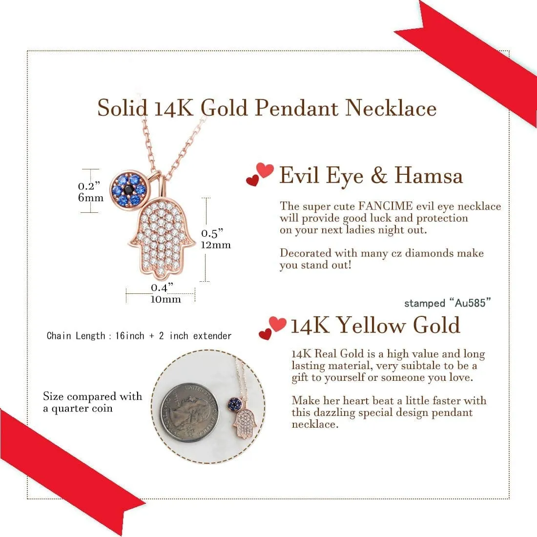 Hamsa 14K Real Rose Gold Pendant Necklace, 18 INCH