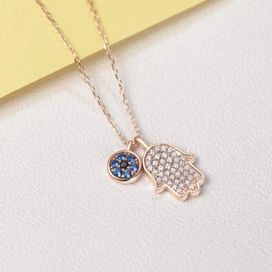 Hamsa 14K Real Rose Gold Pendant Necklace, 18 INCH