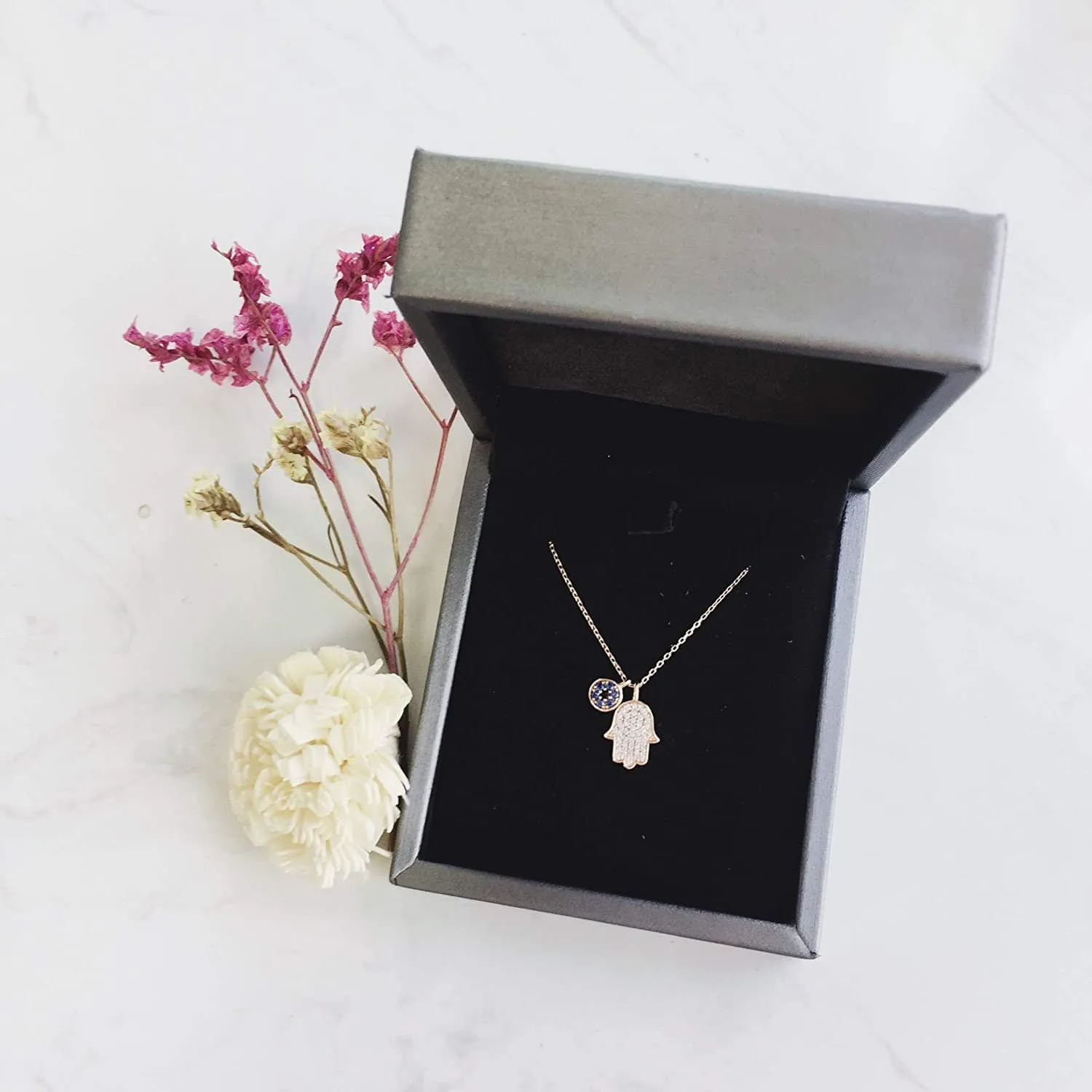 Hamsa 14K Real Rose Gold Pendant Necklace, 18 INCH
