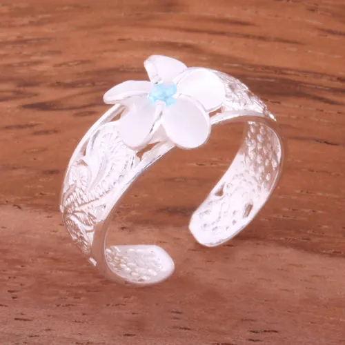 Hawaiian Scroll See Through 8mm Plumeria with Blue CZ Toe Ring