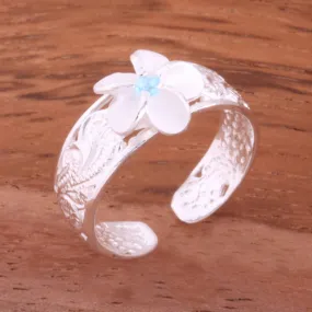 Hawaiian Scroll See Through 8mm Plumeria with Blue CZ Toe Ring