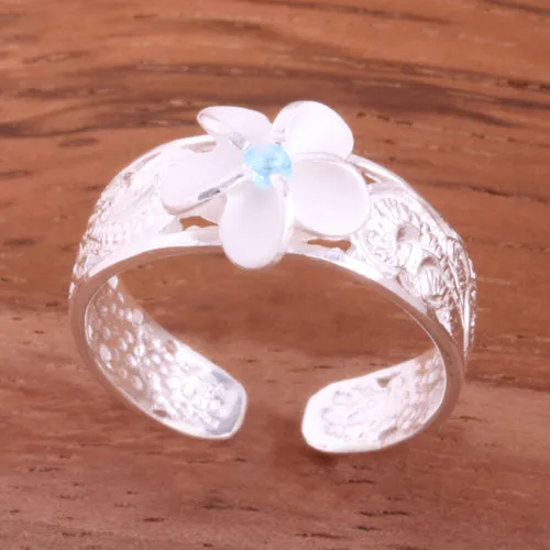 Hawaiian Scroll See Through 8mm Plumeria with Blue CZ Toe Ring