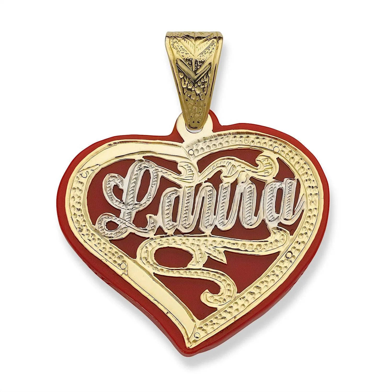 Heart Red Onyx Birds Diamond Cut Script Gold Nameplate Pendant