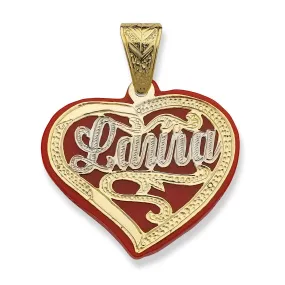Heart Red Onyx Birds Diamond Cut Script Gold Nameplate Pendant