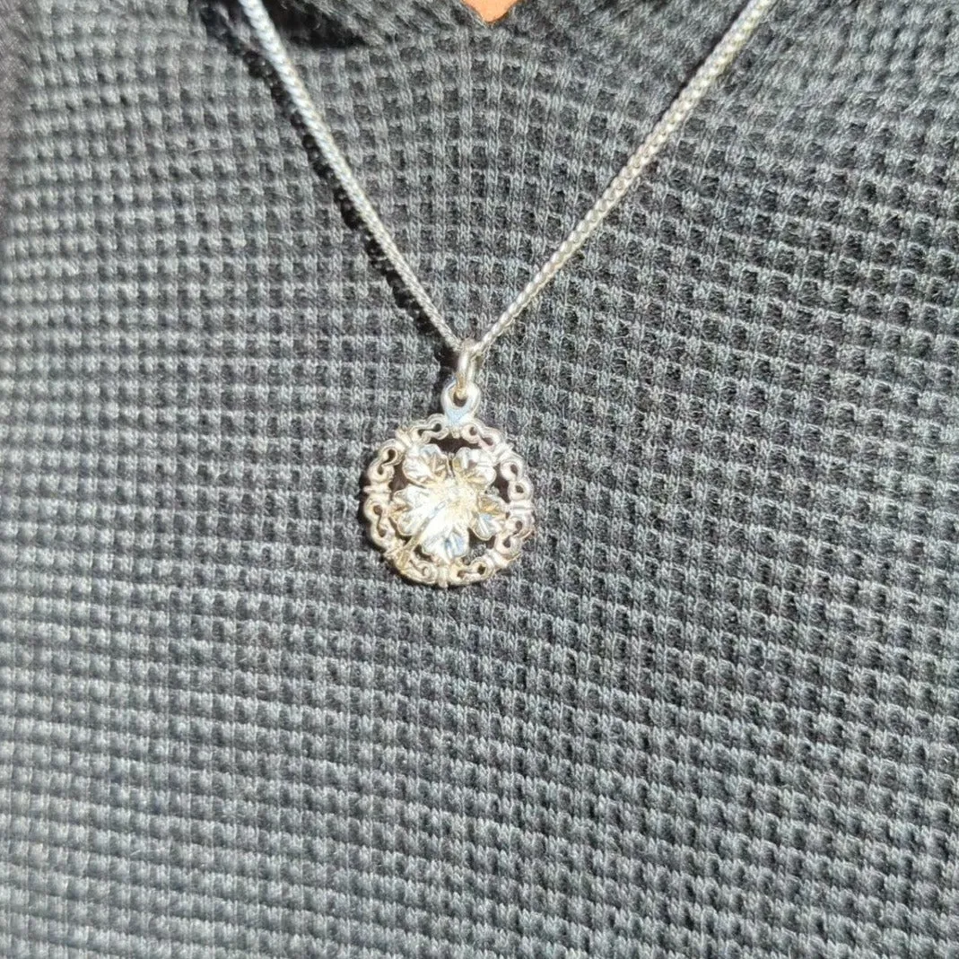 Hibiscus Flower in Ornate Circle Pendant with Chain