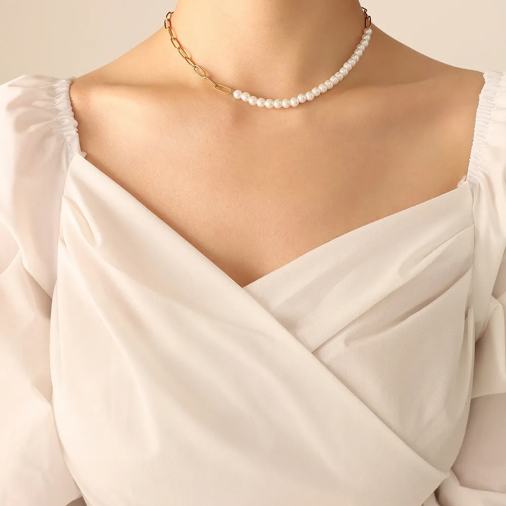 Influencer Paperclip And Pearl Necklace Bracelet Set