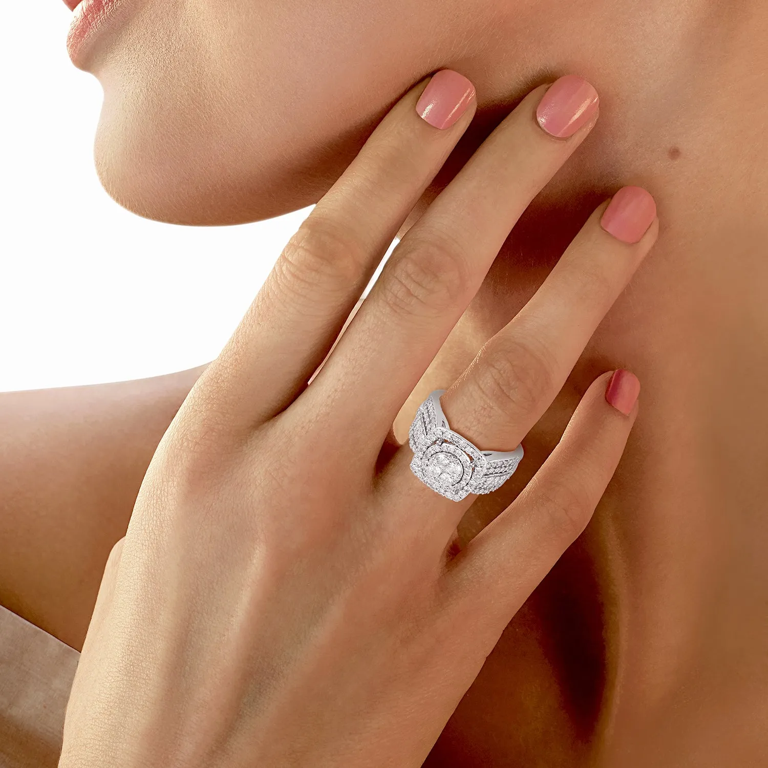 Jewelili 10K White Gold with 1 CTTW Natural Round White Diamonds Engagement Ring