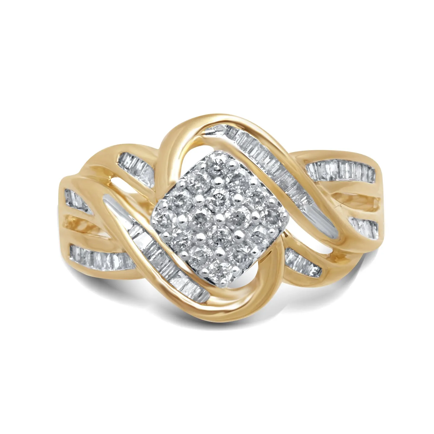Jewelili 10K Yellow Gold With 1/2 CTTW Round and Baguette Diamonds Bypass Cluster Ring