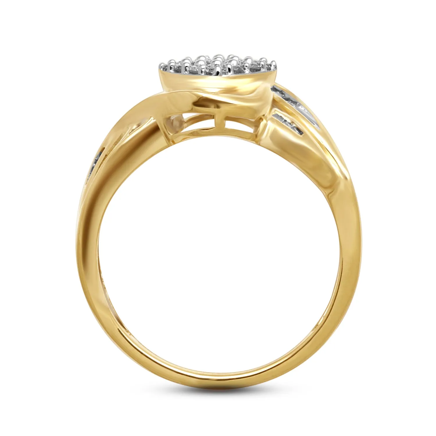 Jewelili 10K Yellow Gold With 1/2 CTTW Round and Baguette Diamonds Bypass Cluster Ring