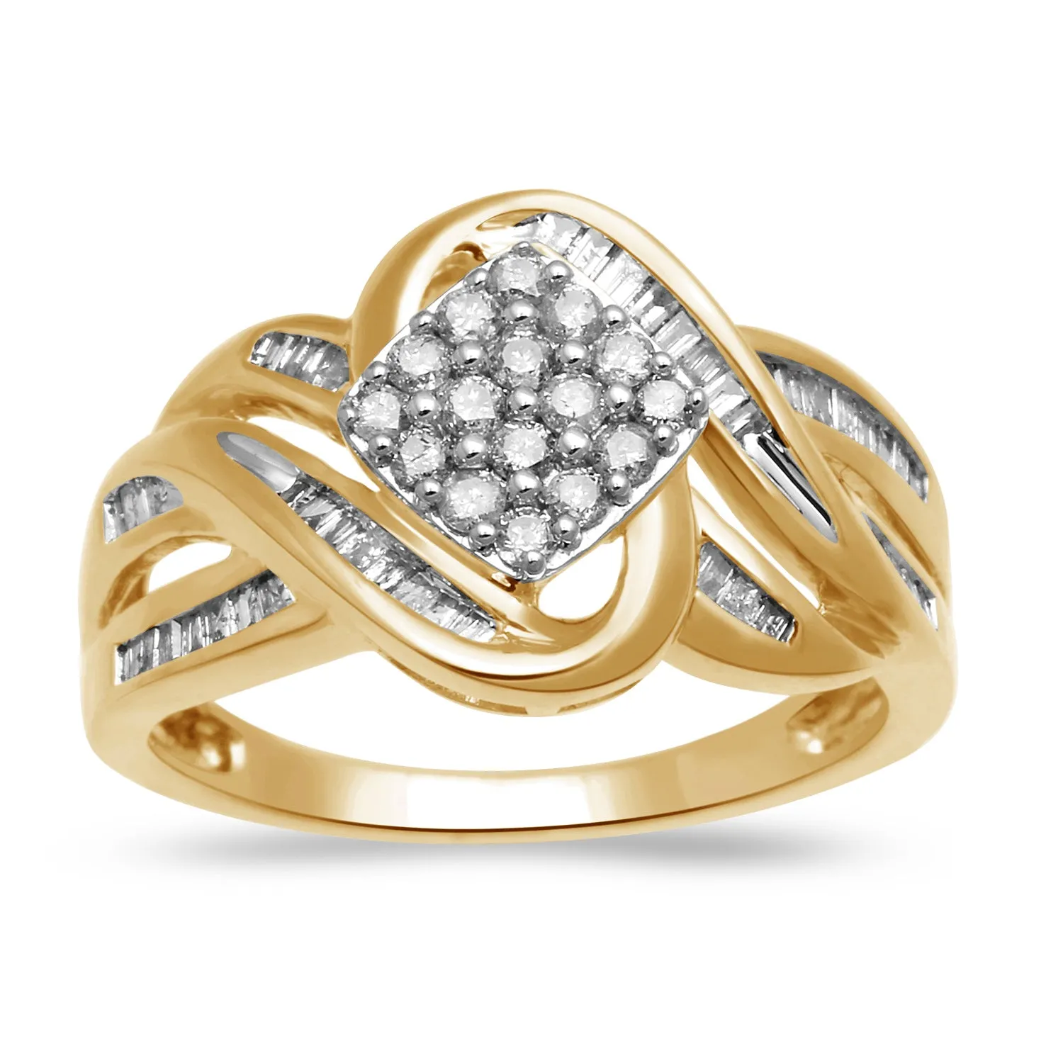 Jewelili 10K Yellow Gold With 1/2 CTTW Round and Baguette Diamonds Bypass Cluster Ring