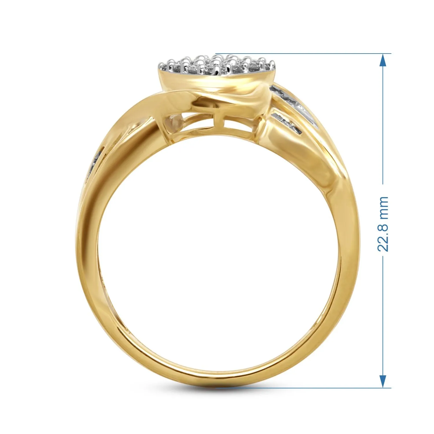Jewelili 10K Yellow Gold With 1/2 CTTW Round and Baguette Diamonds Bypass Cluster Ring