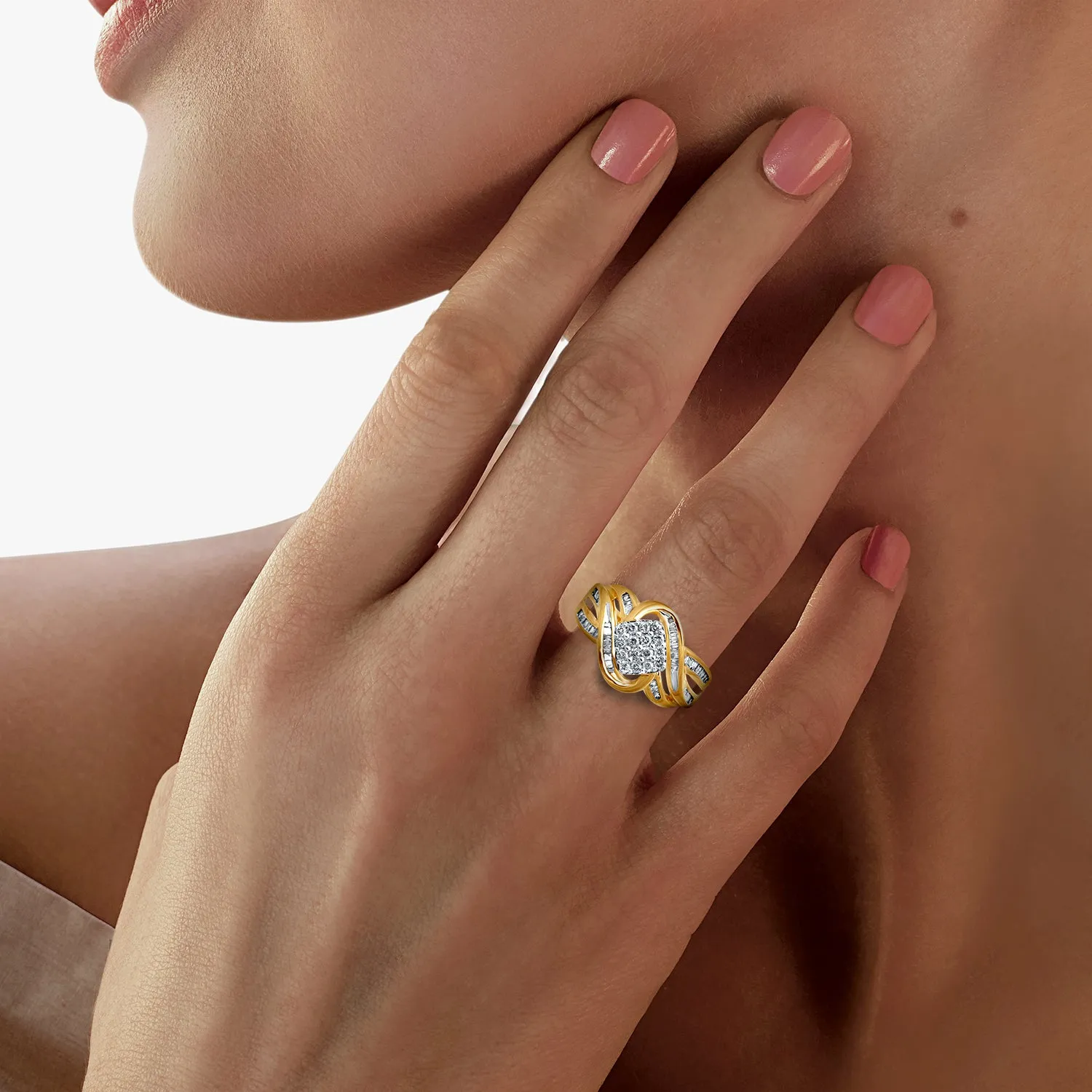 Jewelili 10K Yellow Gold With 1/2 CTTW Round and Baguette Diamonds Bypass Cluster Ring