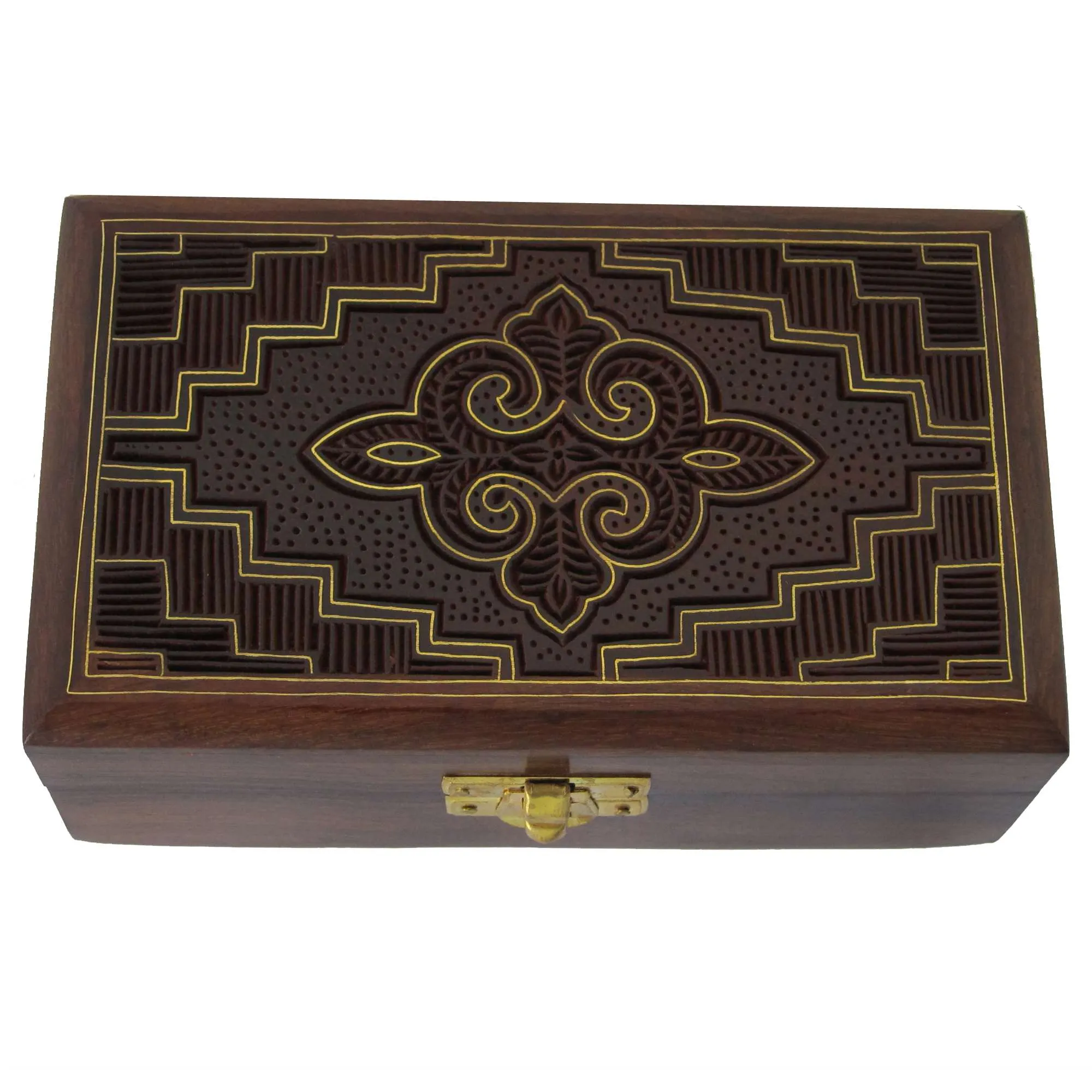 Jewelry Box in Wood Islamic Art Handmade Inlay and Carving 6x3.3x2.25 Inches
