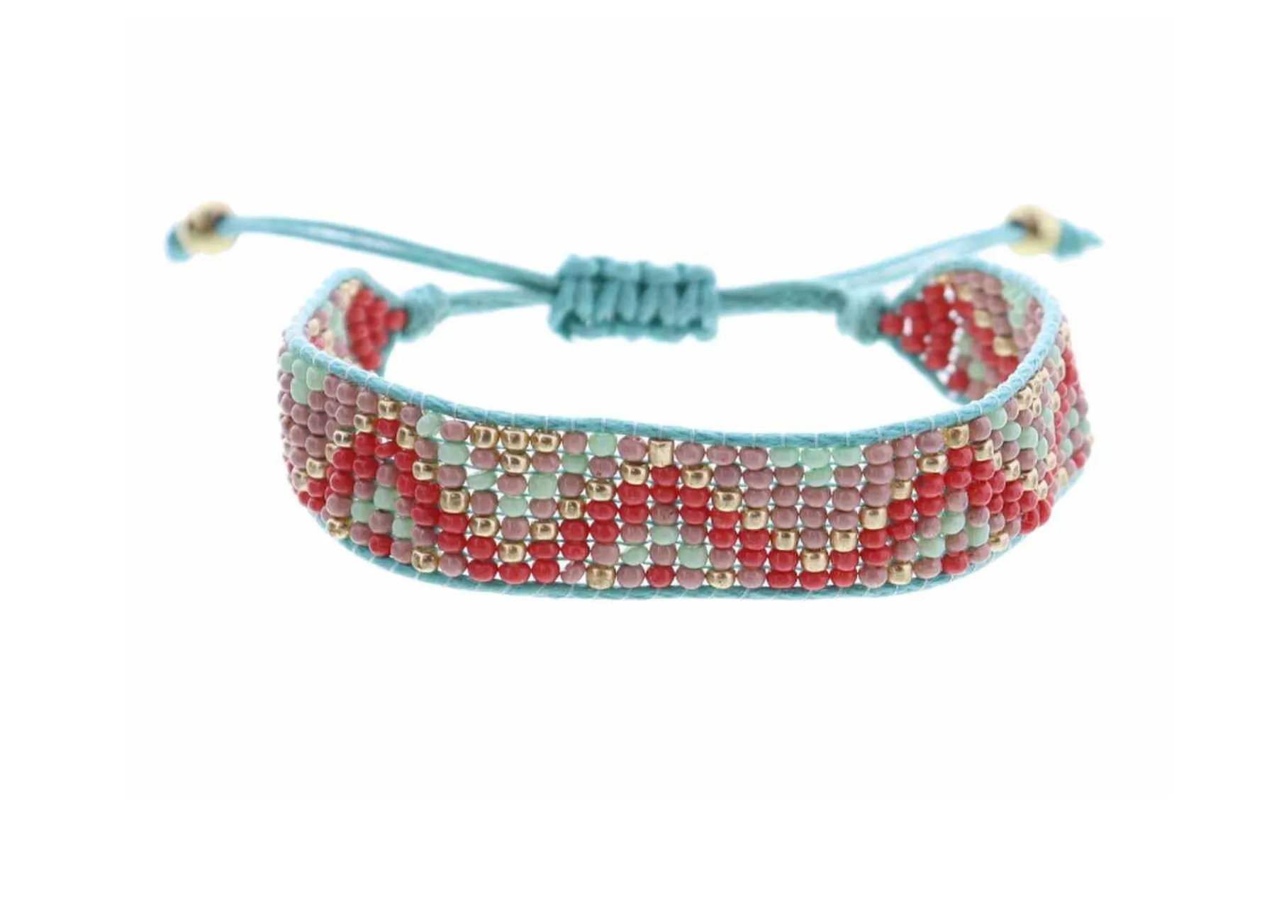 Kids Coral, Dusty Pink, Mint, Gold Woven Beaded Bracelet