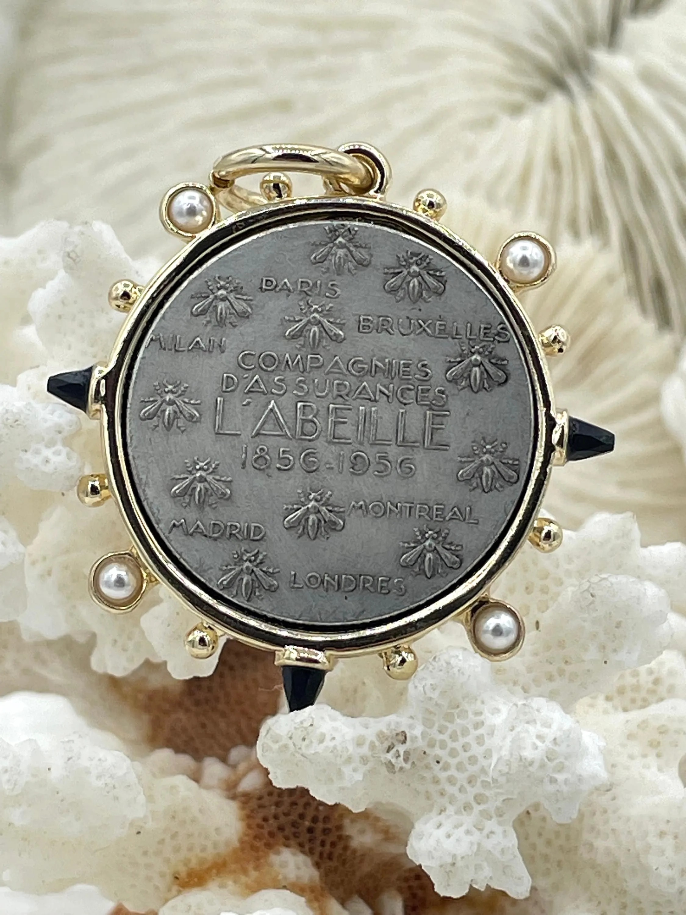L'abielle Bee Coin Pendant,French Bee Coin w/ Bezel,Bee Pendant, 2 Styles, Fleur De Lis Coin with Black CZ and Pearl Accents Fast Ship