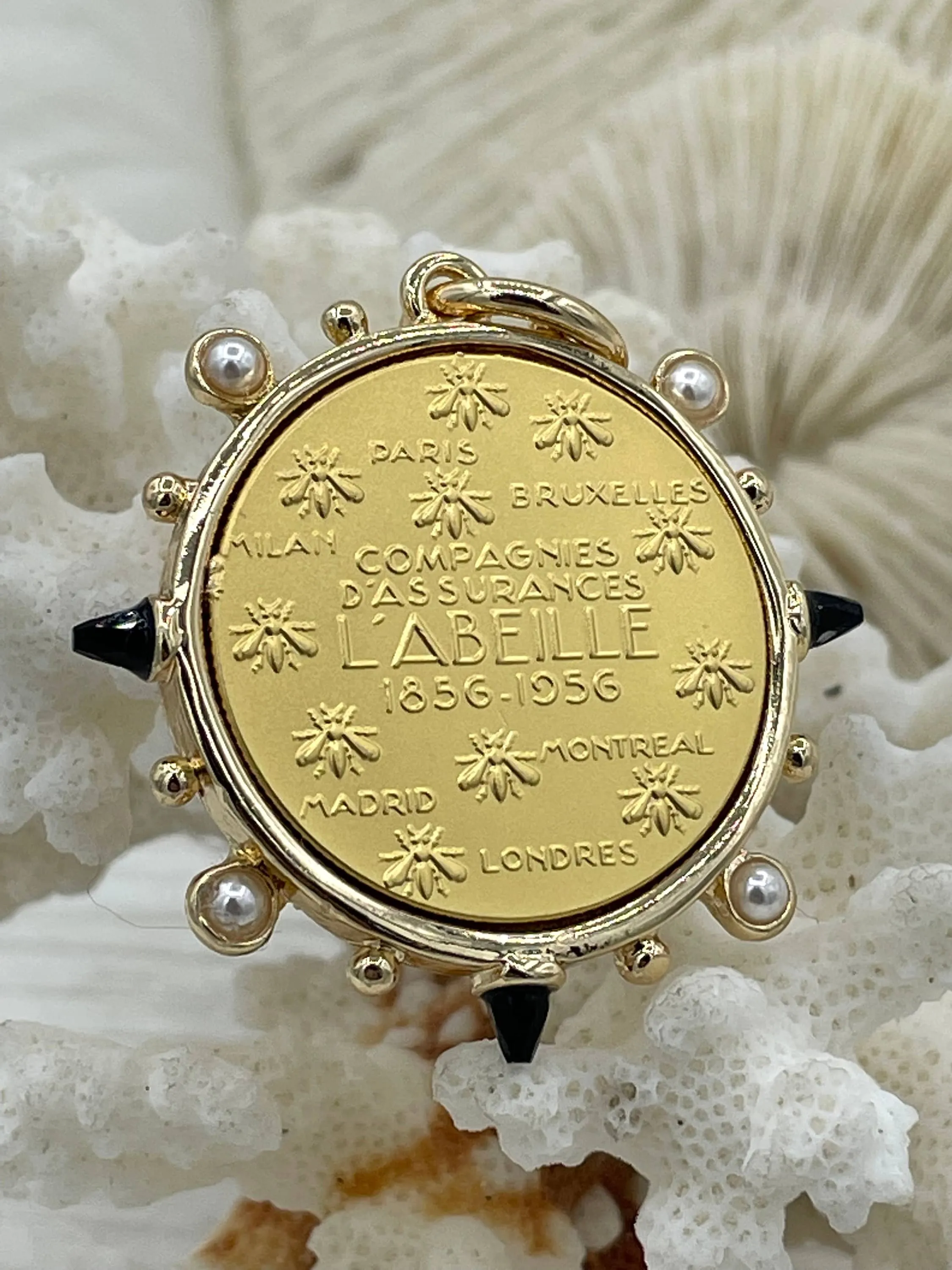 L'abielle Bee Coin Pendant,French Bee Coin w/ Bezel,Bee Pendant, 2 Styles, Fleur De Lis Coin with Black CZ and Pearl Accents Fast Ship