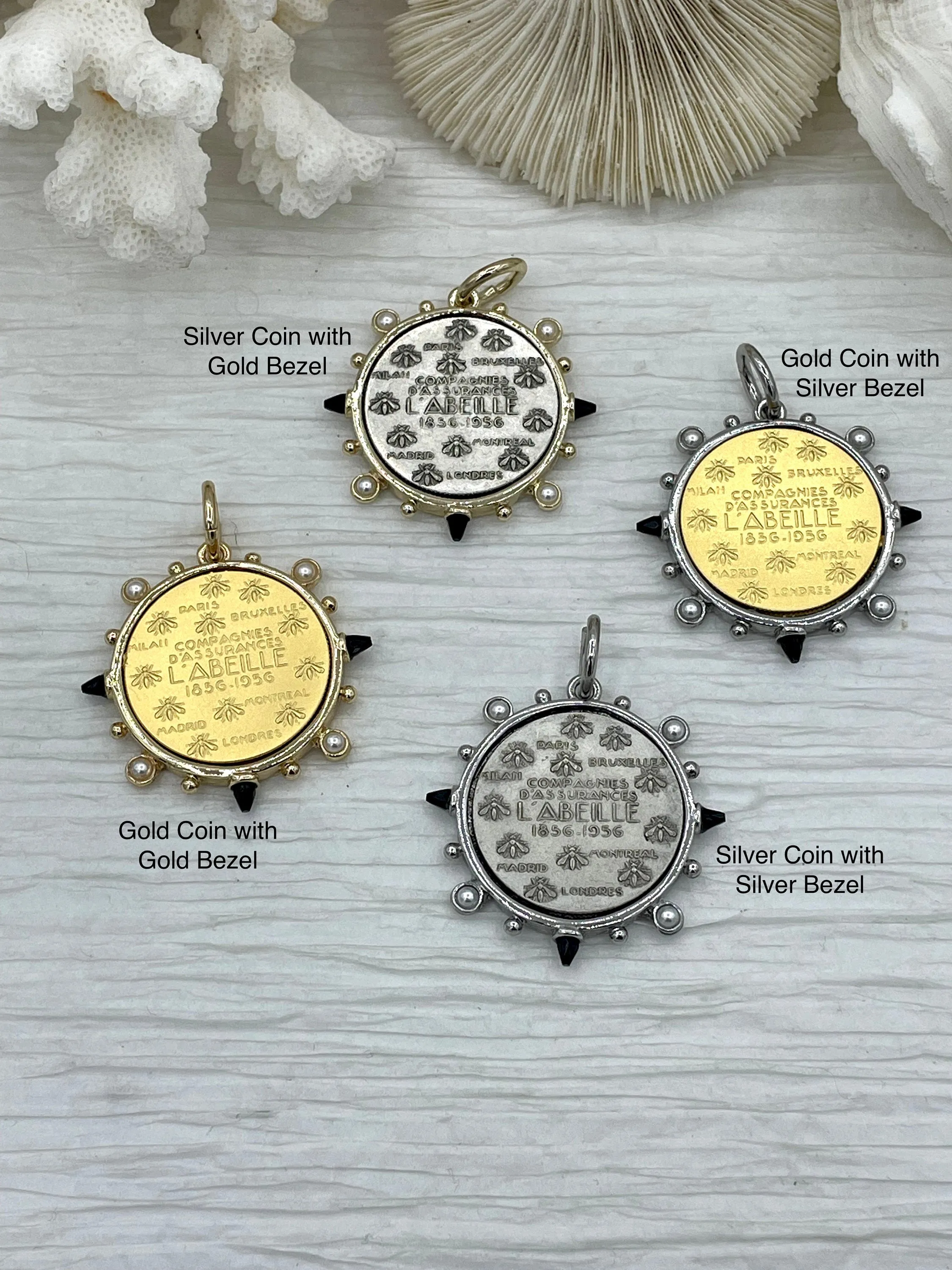 L'abielle Bee Coin Pendant,French Bee Coin w/ Bezel,Bee Pendant, 2 Styles, Fleur De Lis Coin with Black CZ and Pearl Accents Fast Ship