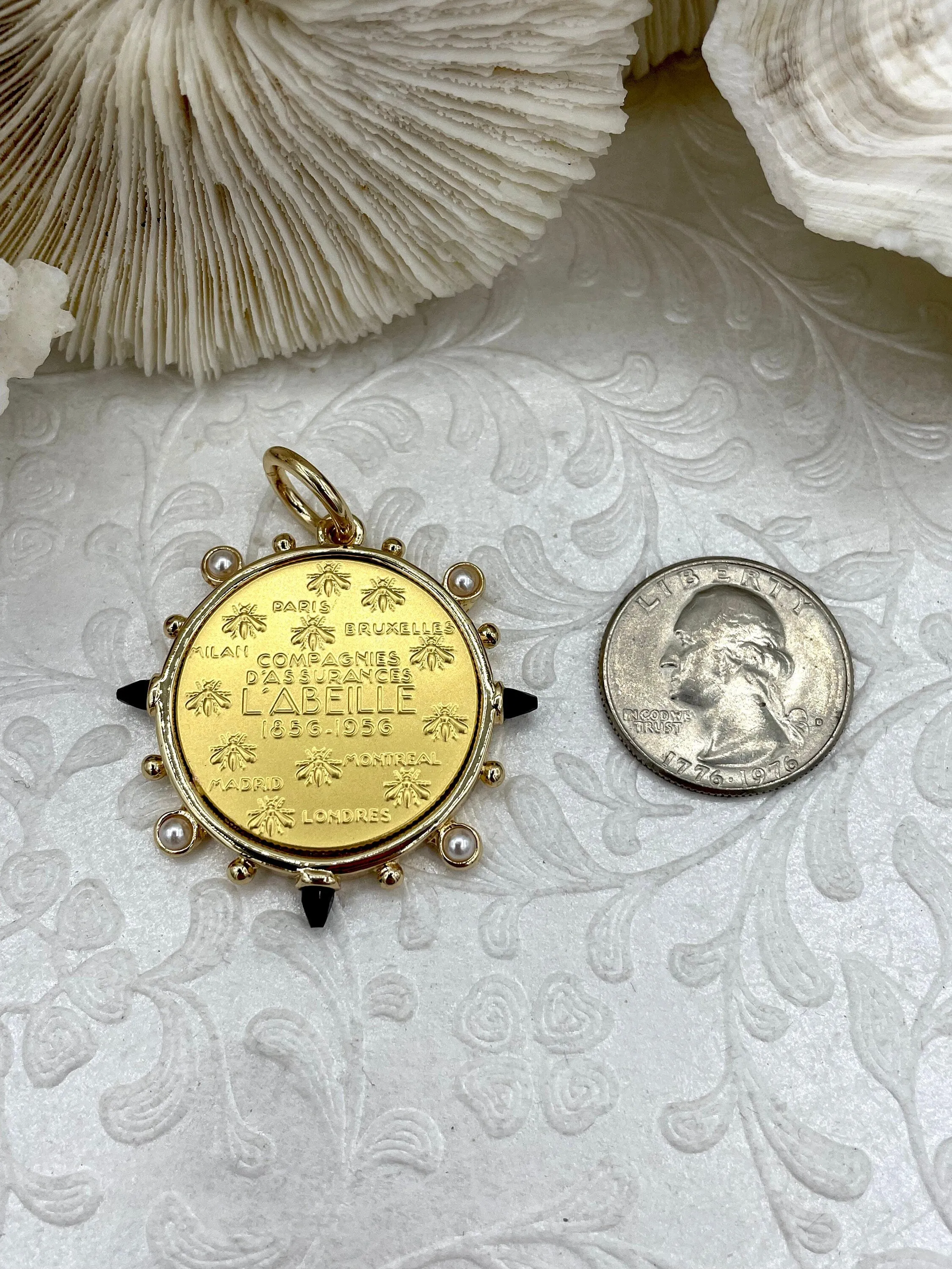 L'abielle Bee Coin Pendant,French Bee Coin w/ Bezel,Bee Pendant, 2 Styles, Fleur De Lis Coin with Black CZ and Pearl Accents Fast Ship