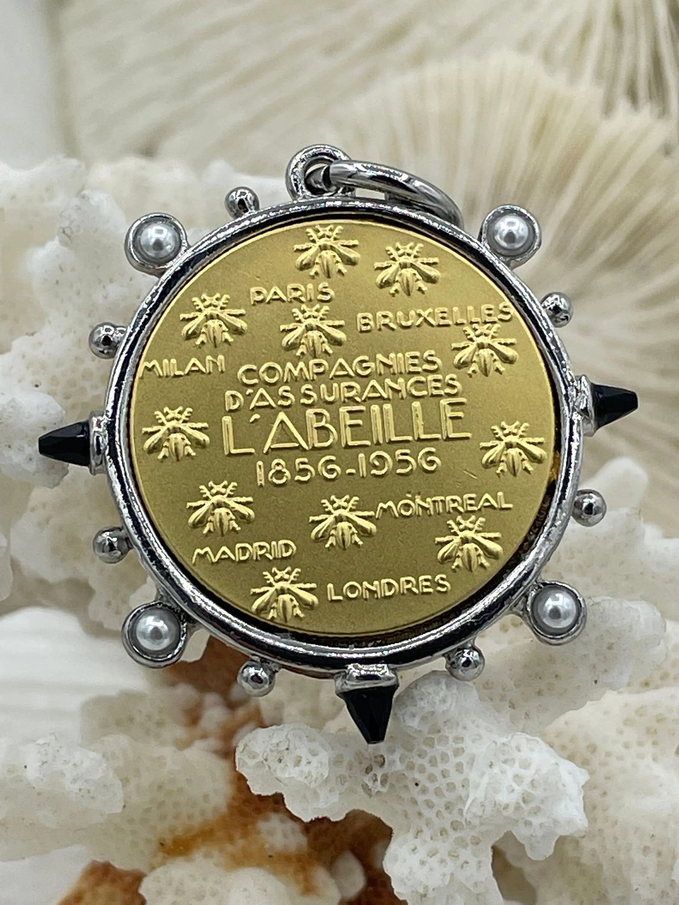 L'abielle Bee Coin Pendant,French Bee Coin w/ Bezel,Bee Pendant, 2 Styles, Fleur De Lis Coin with Black CZ and Pearl Accents Fast Ship