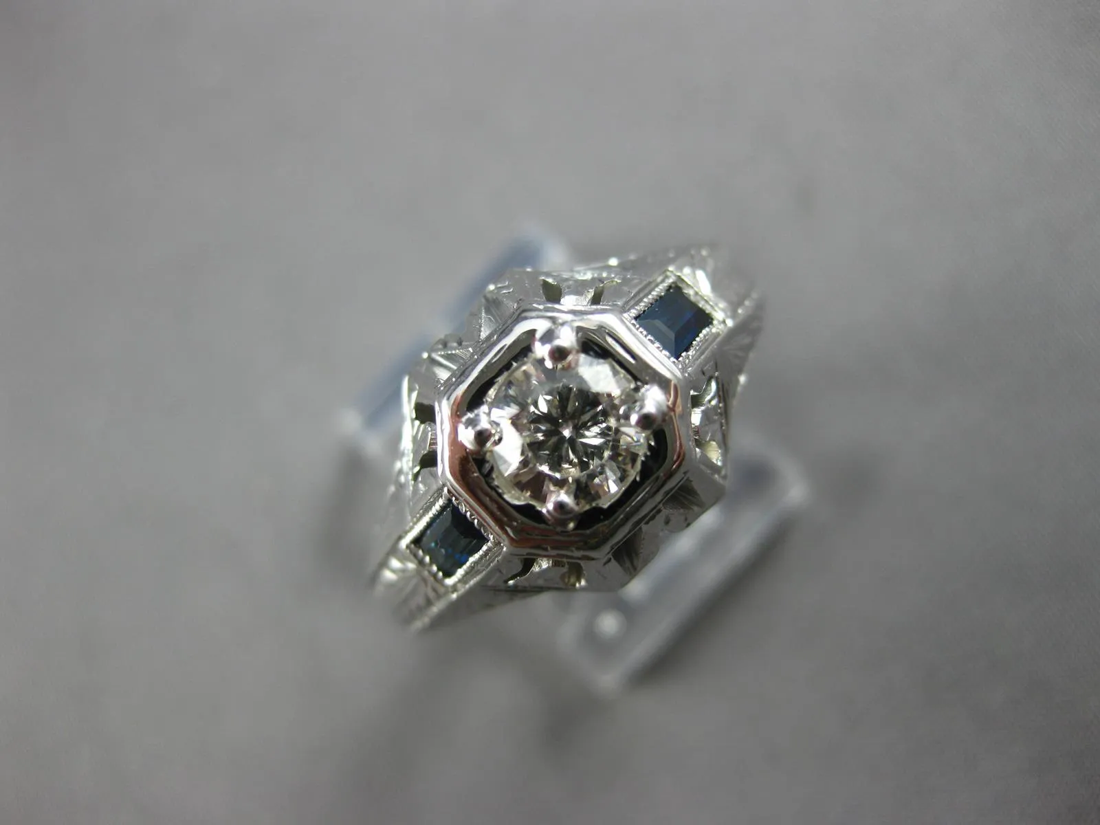 LARGE .54CT OLD MINE DIAMOND & AAA SAPPHIRE 18K WHITE GOLD ENGAGEMENT RING 27878