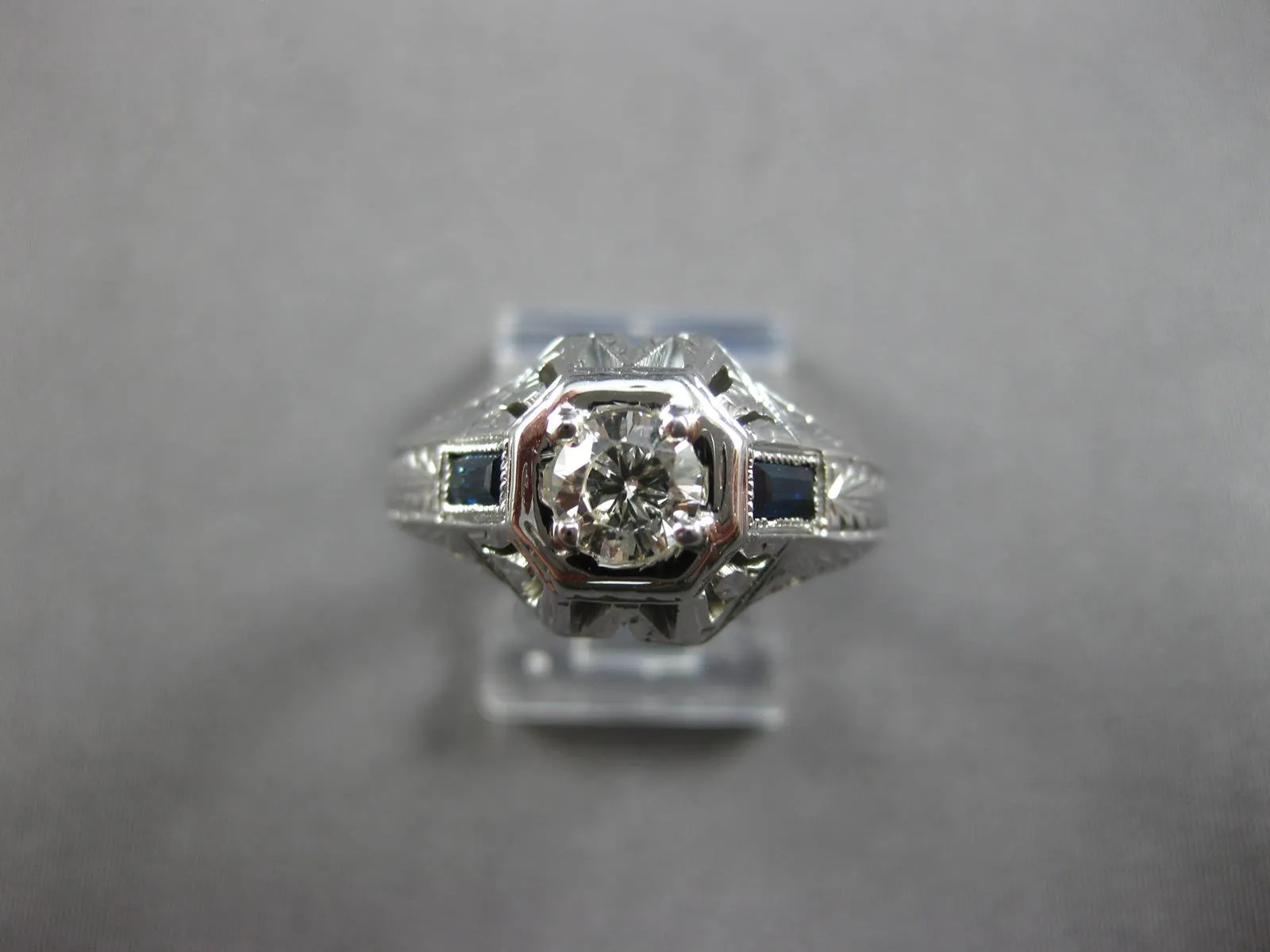 LARGE .54CT OLD MINE DIAMOND & AAA SAPPHIRE 18K WHITE GOLD ENGAGEMENT RING 27878