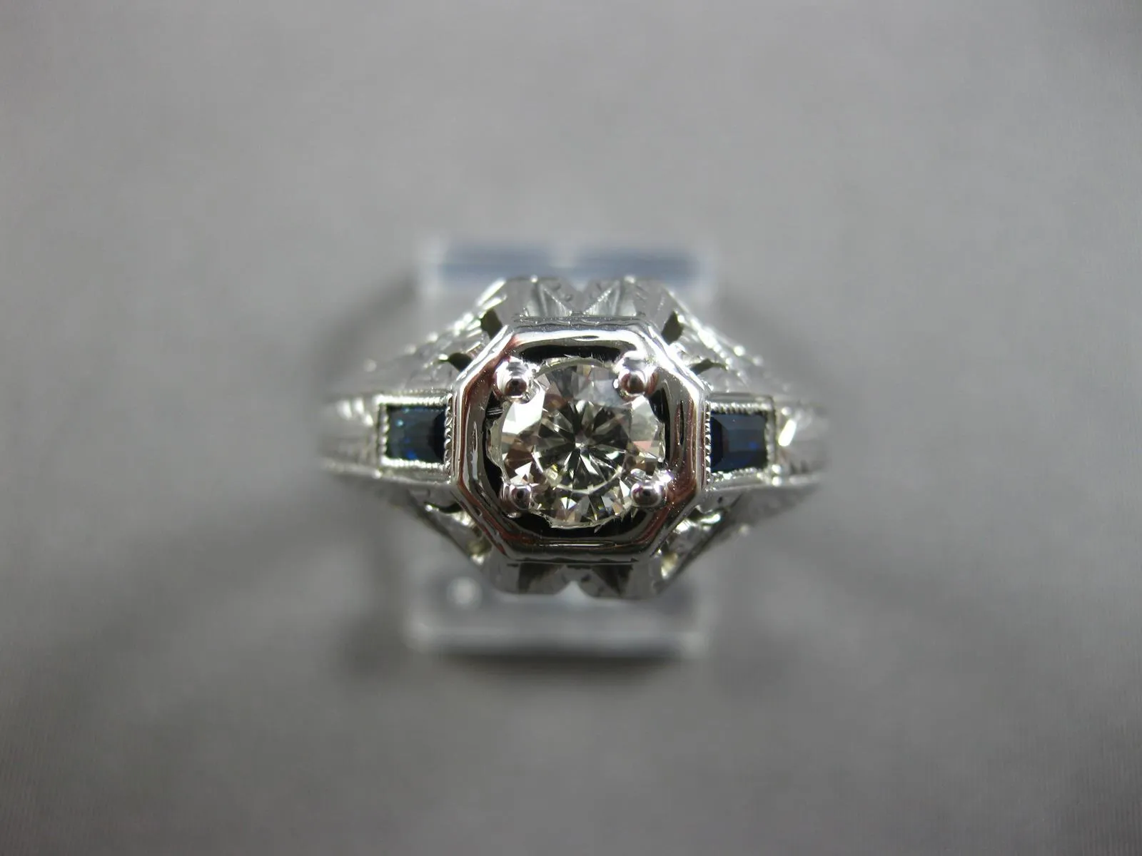 LARGE .54CT OLD MINE DIAMOND & AAA SAPPHIRE 18K WHITE GOLD ENGAGEMENT RING 27878