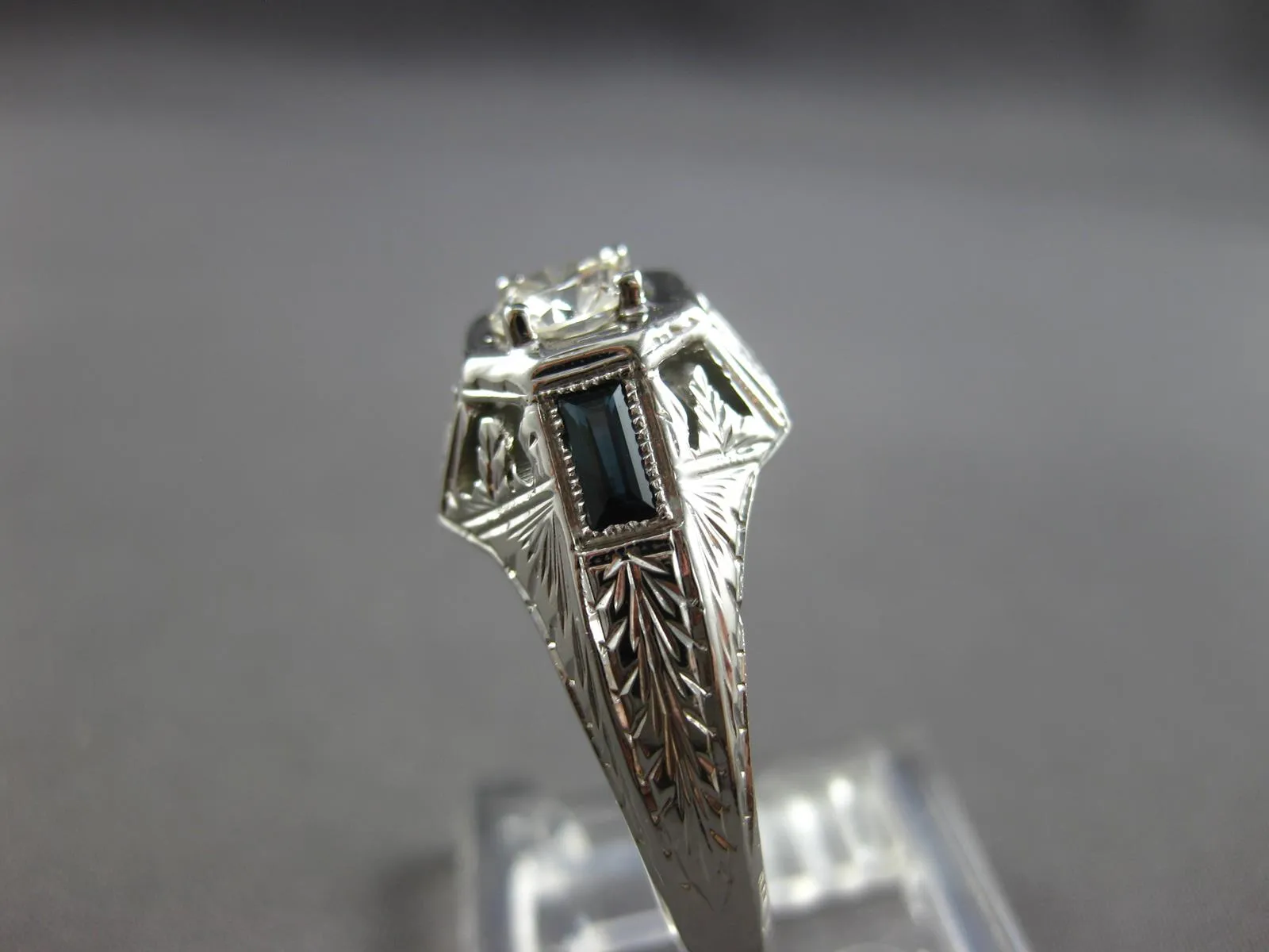LARGE .54CT OLD MINE DIAMOND & AAA SAPPHIRE 18K WHITE GOLD ENGAGEMENT RING 27878
