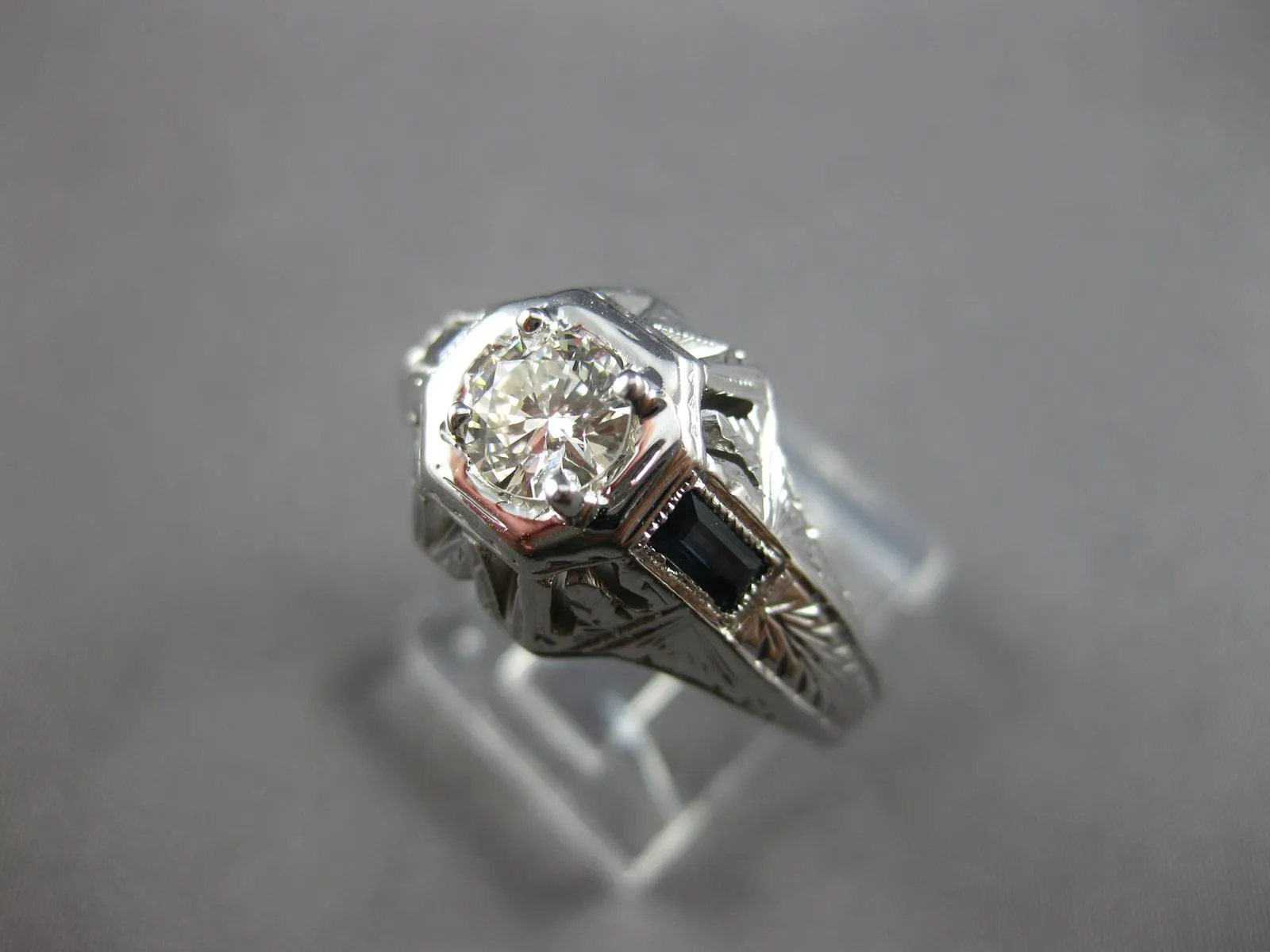 LARGE .54CT OLD MINE DIAMOND & AAA SAPPHIRE 18K WHITE GOLD ENGAGEMENT RING 27878