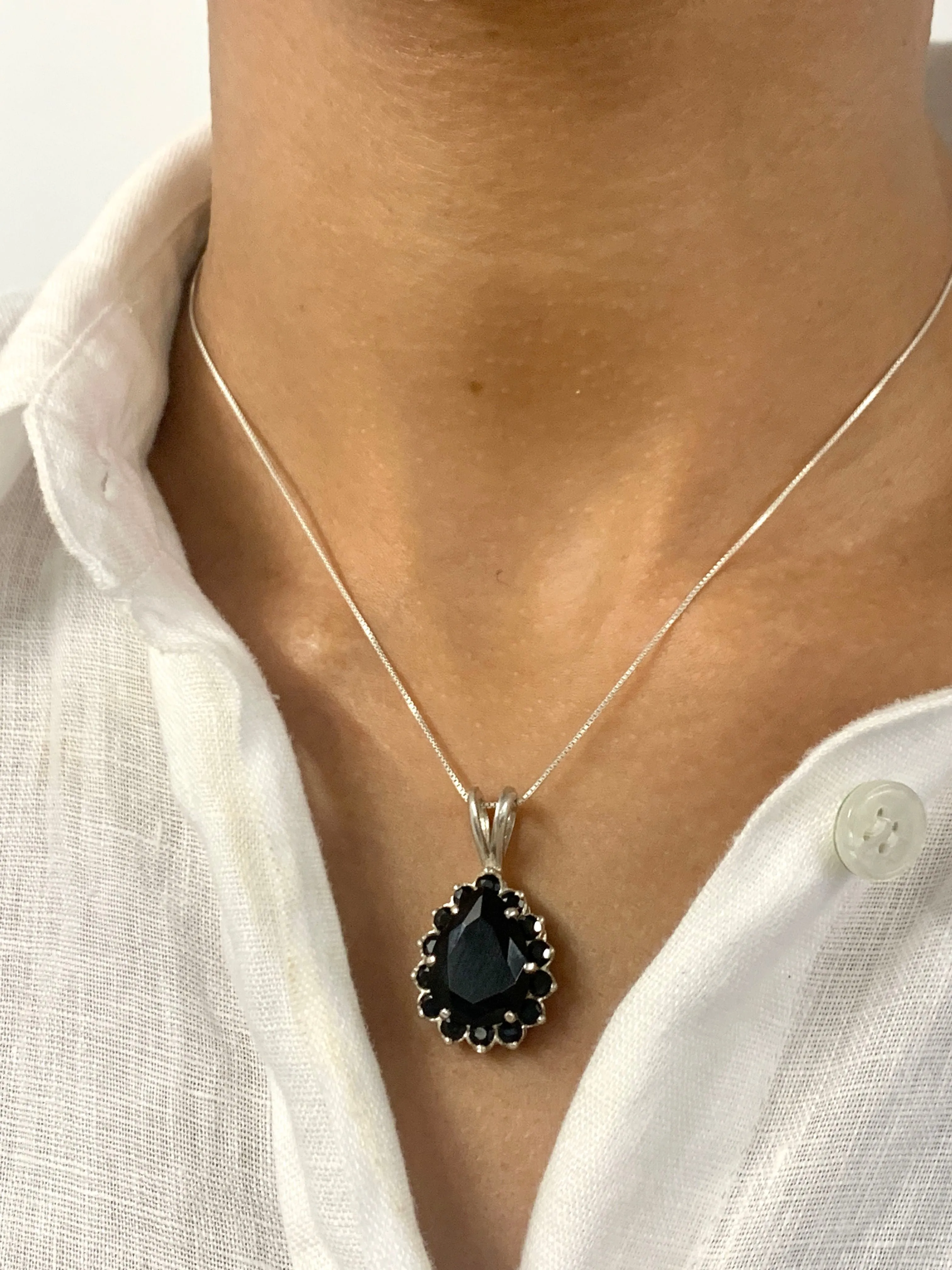 Large Onyx Pendant - Black Statement Necklace - Vintage Teardrop Necklace