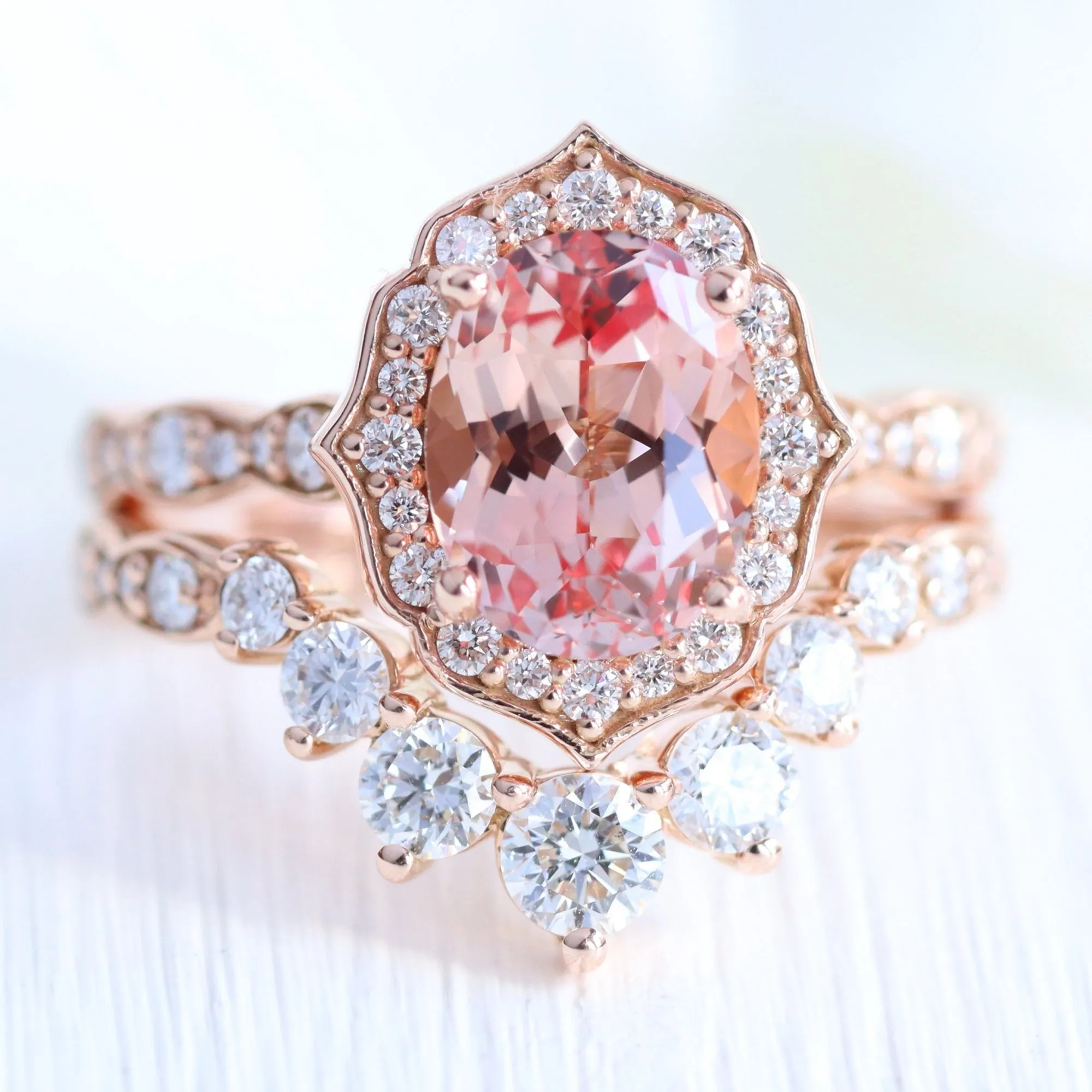 Large Oval Cut Peach Sapphire Ring in Vintage Floral Diamond Band