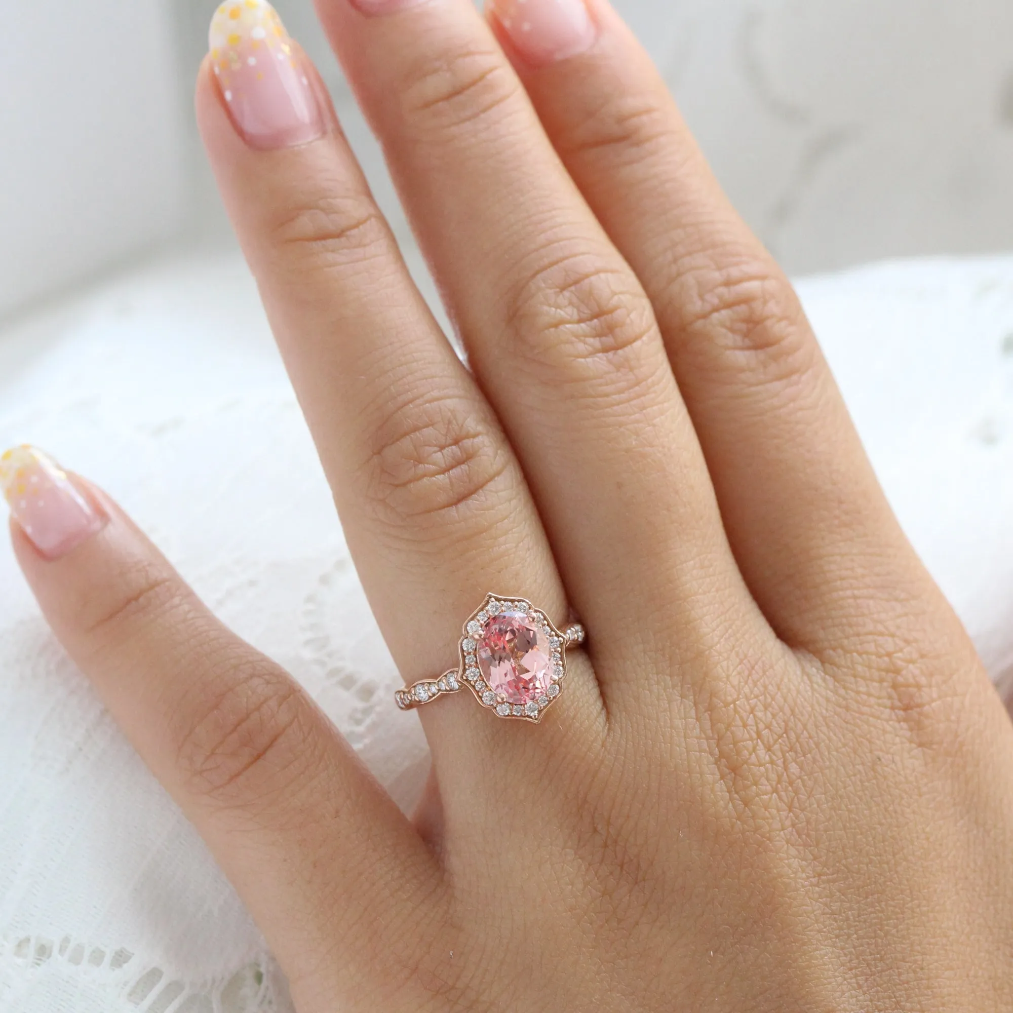 Large Oval Cut Peach Sapphire Ring in Vintage Floral Diamond Band