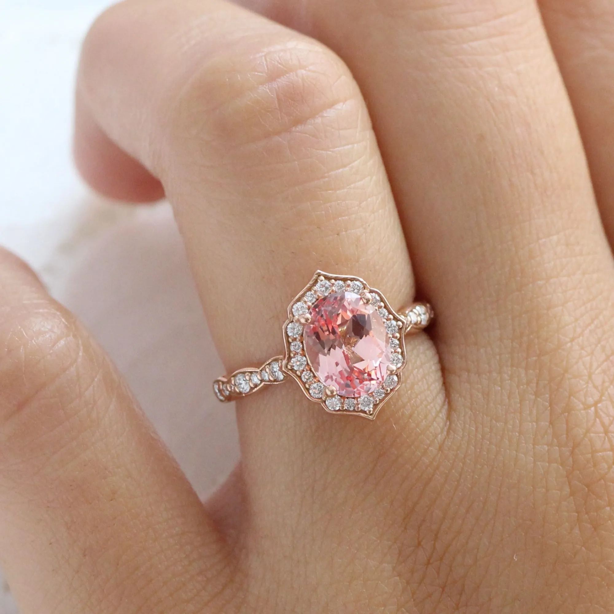 Large Oval Cut Peach Sapphire Ring in Vintage Floral Diamond Band