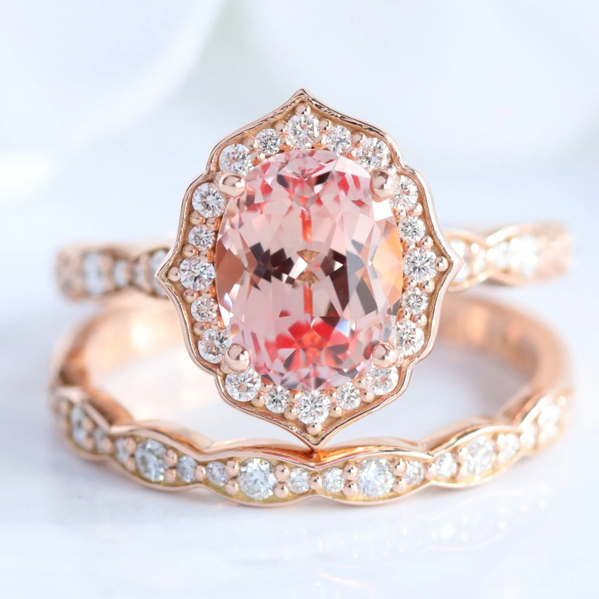 Large Oval Cut Peach Sapphire Ring in Vintage Floral Diamond Band