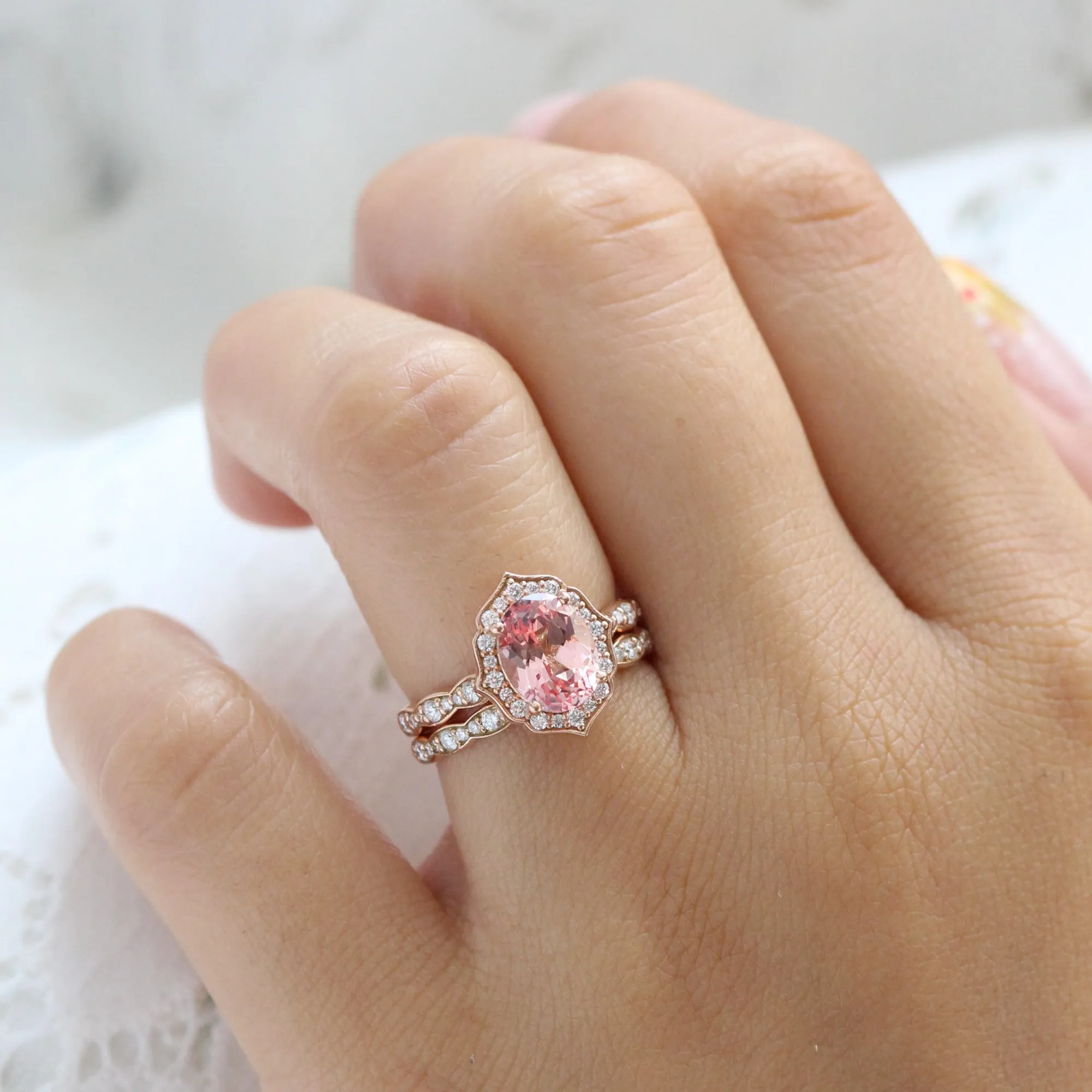 Large Oval Cut Peach Sapphire Ring in Vintage Floral Diamond Band