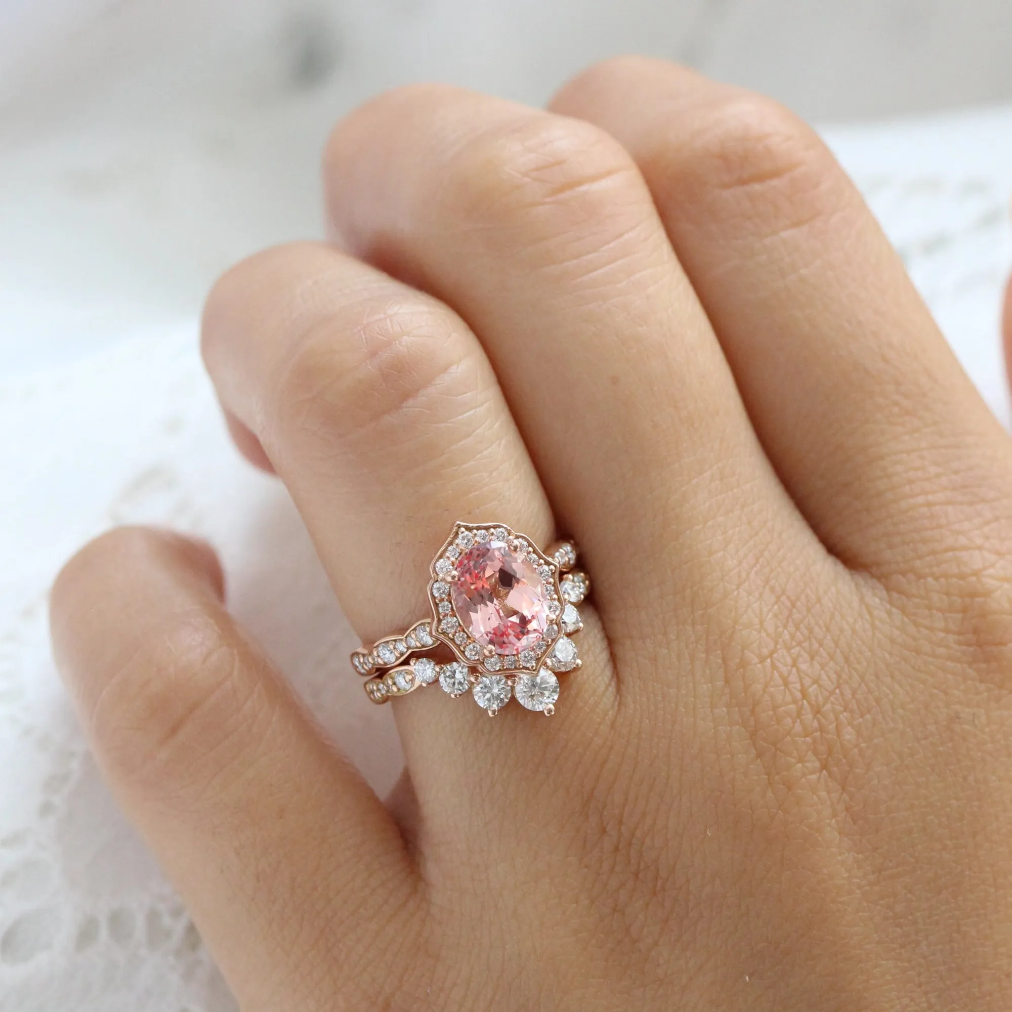 Large Oval Cut Peach Sapphire Ring in Vintage Floral Diamond Band