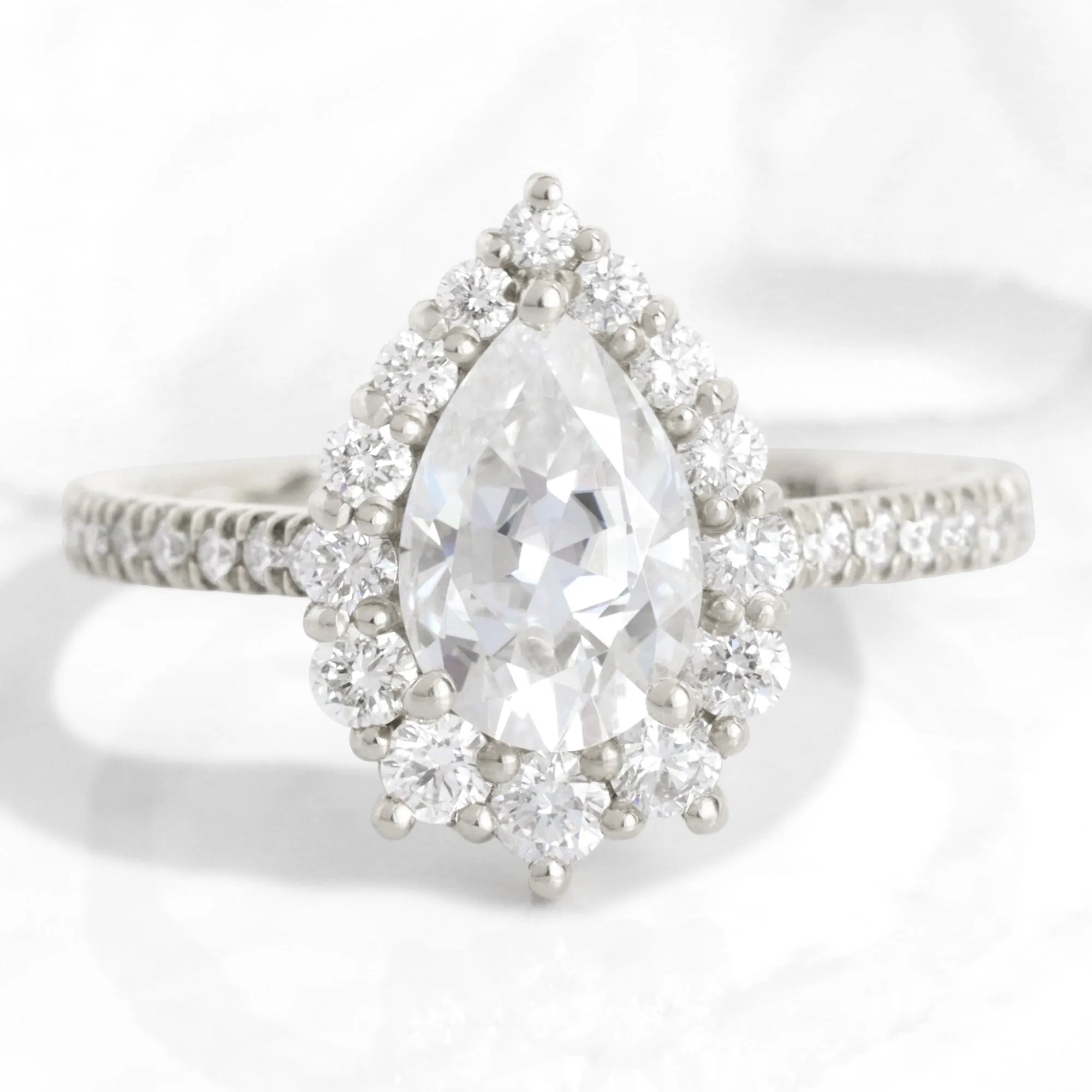 Large Pear Moissanite Engagement Ring in Tiara Halo Diamond Pave Band