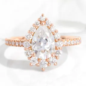 Large Pear Moissanite Engagement Ring in Tiara Halo Diamond Pave Band