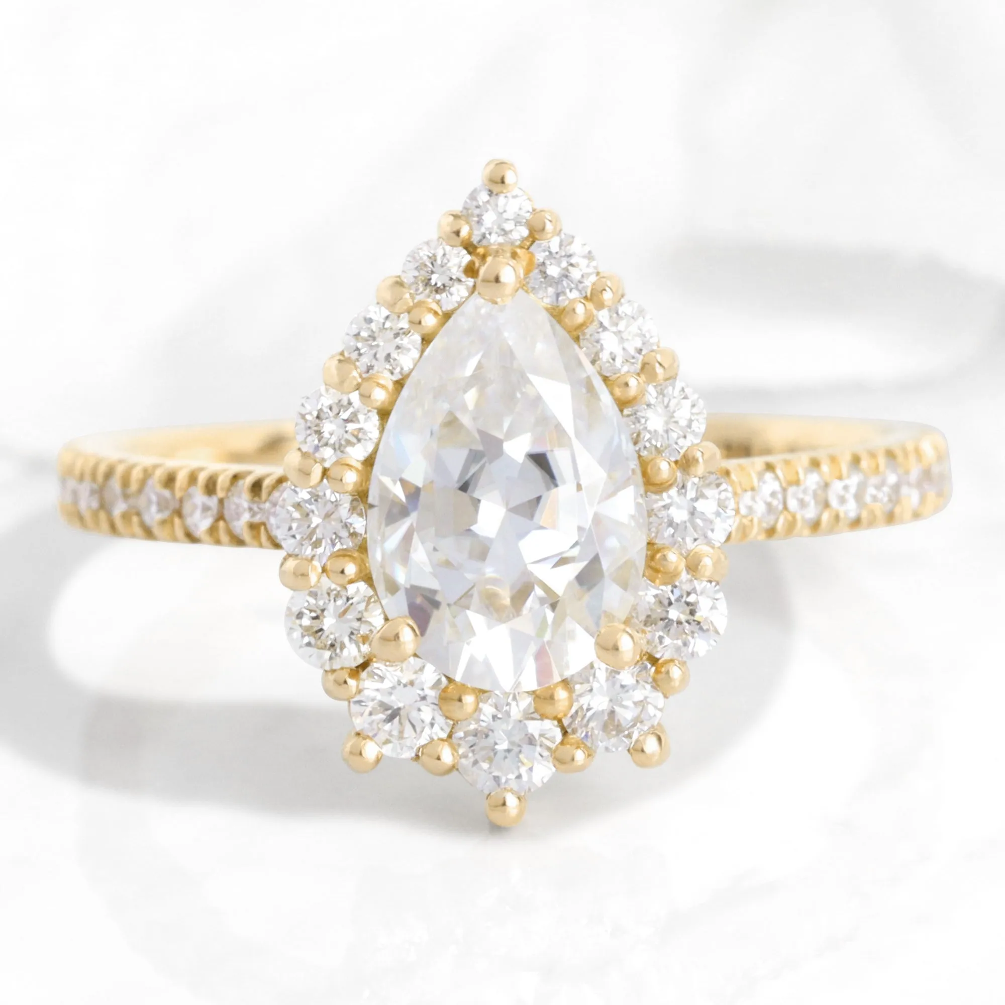 Large Pear Moissanite Engagement Ring in Tiara Halo Diamond Pave Band