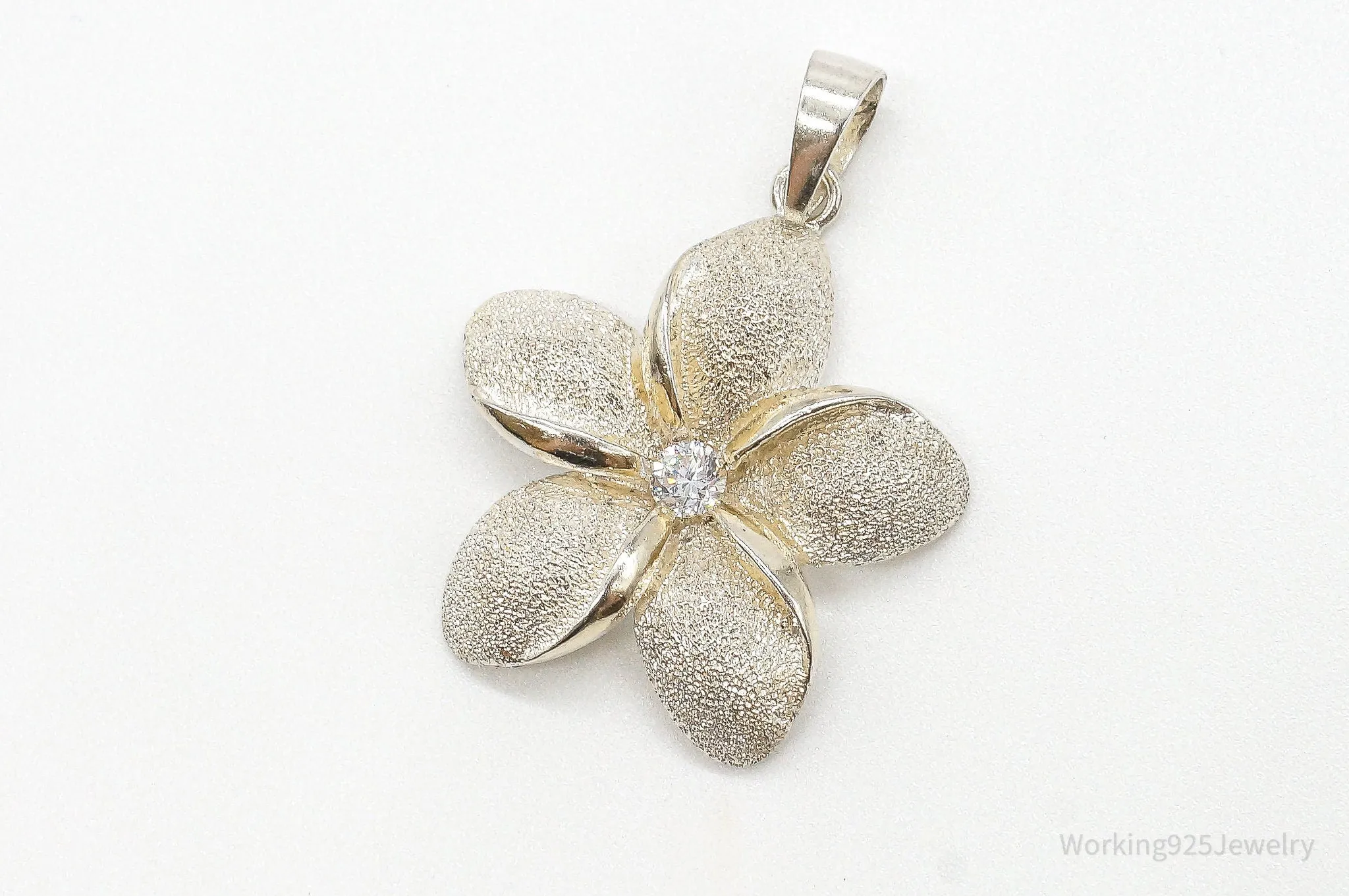 Large Vintage Cubic Zirconia Flower Sterling Silver Pendant