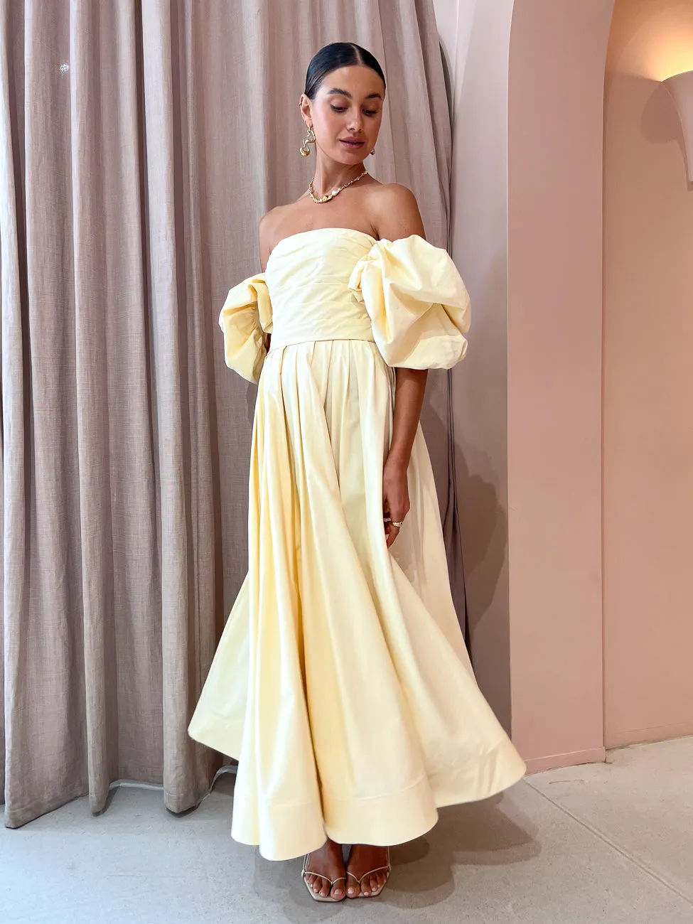 Leo Lin Matilda Puff Sleeve Midi Dress in Lemon