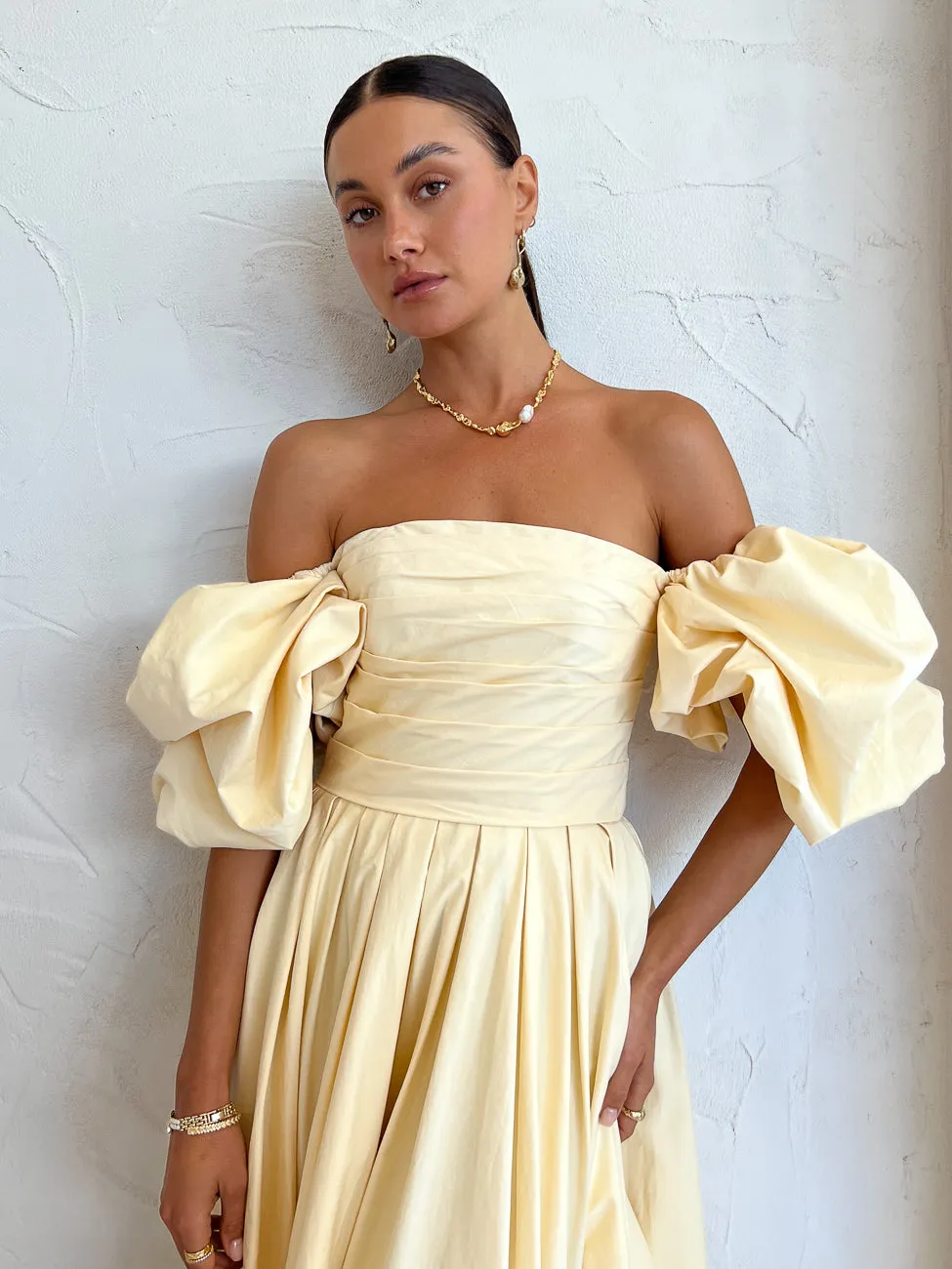 Leo Lin Matilda Puff Sleeve Midi Dress in Lemon