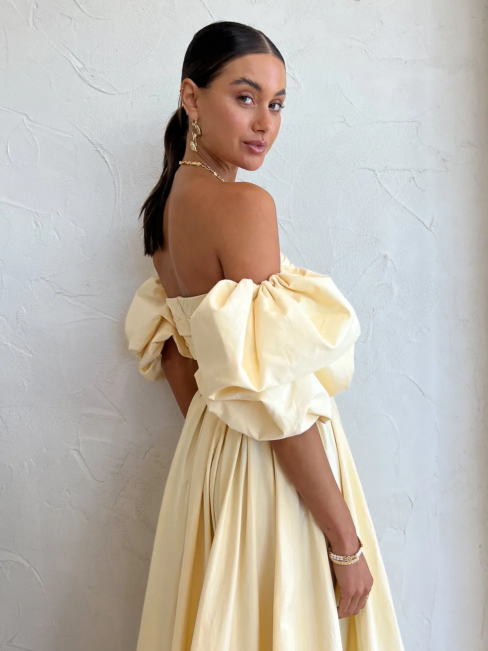 Leo Lin Matilda Puff Sleeve Midi Dress in Lemon