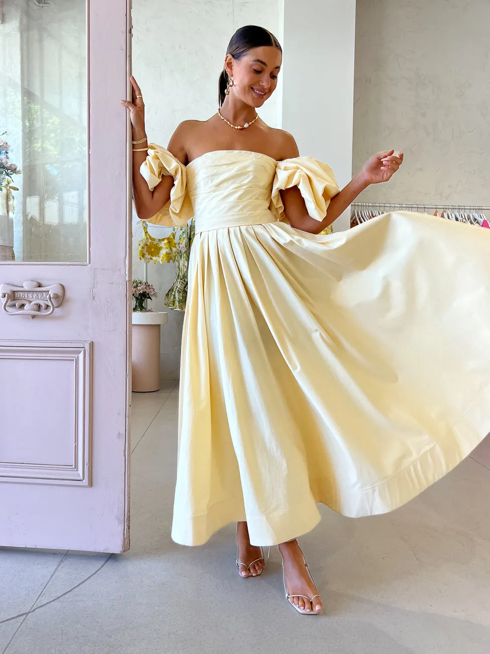 Leo Lin Matilda Puff Sleeve Midi Dress in Lemon