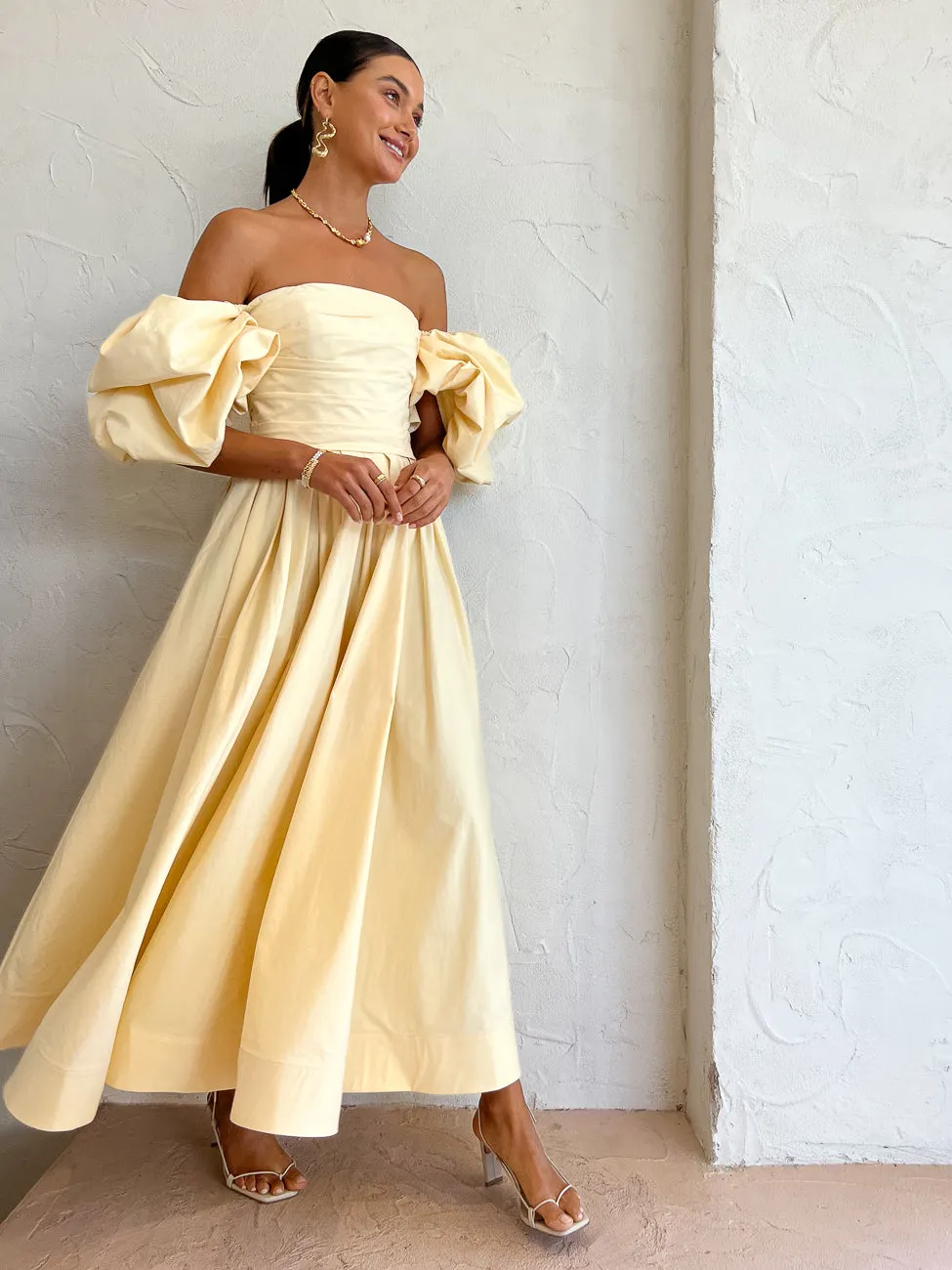 Leo Lin Matilda Puff Sleeve Midi Dress in Lemon