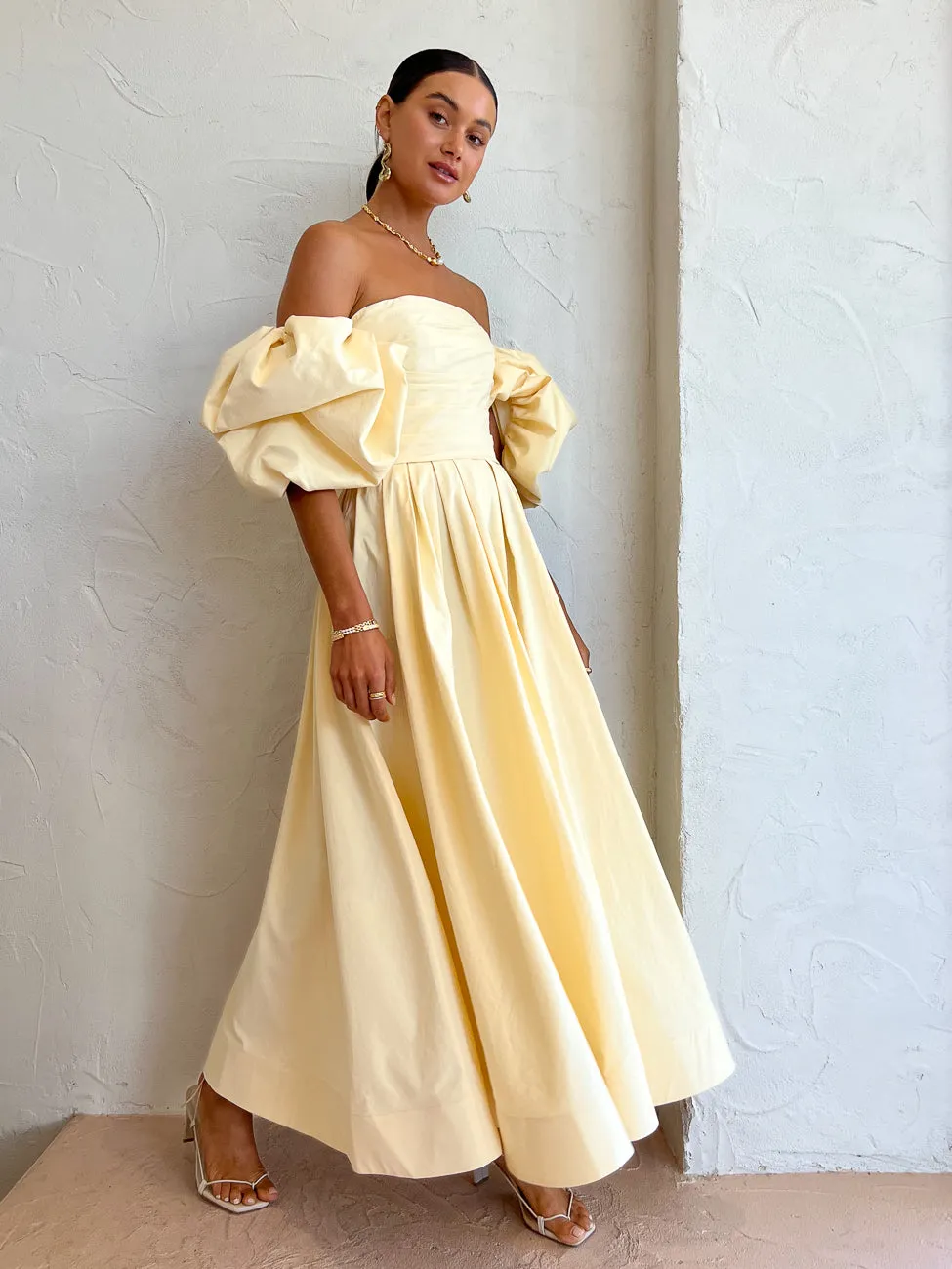 Leo Lin Matilda Puff Sleeve Midi Dress in Lemon