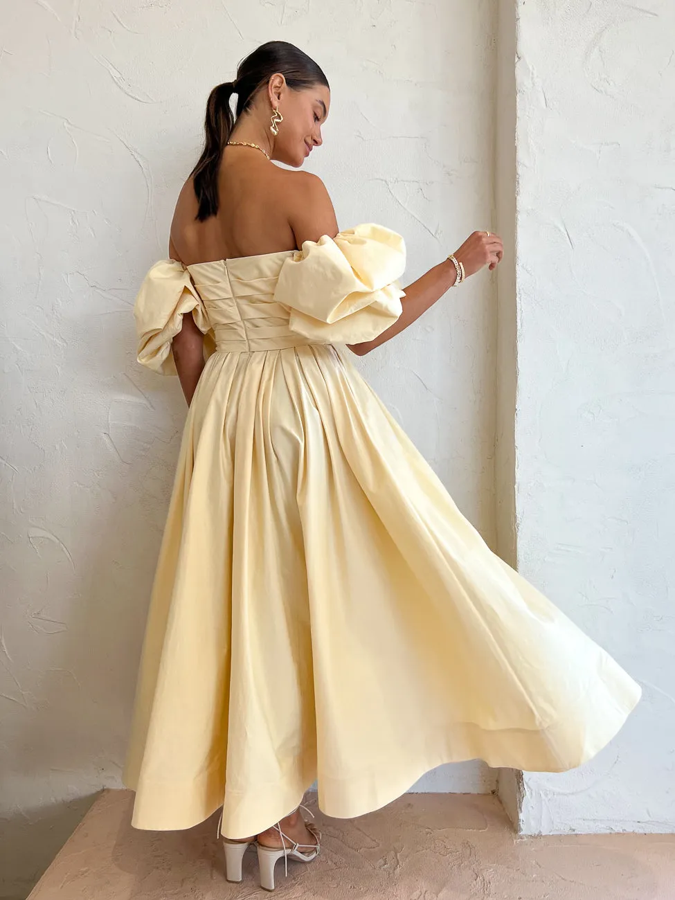 Leo Lin Matilda Puff Sleeve Midi Dress in Lemon