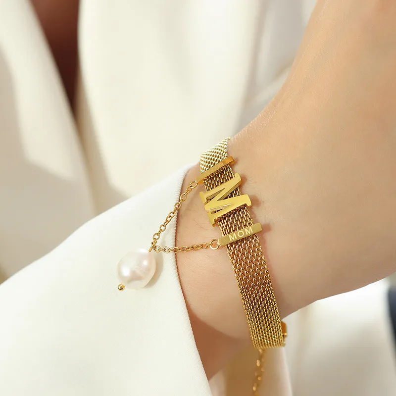 Letter M Pearl Pendant Wide Flat Necklace and Bracelet Set