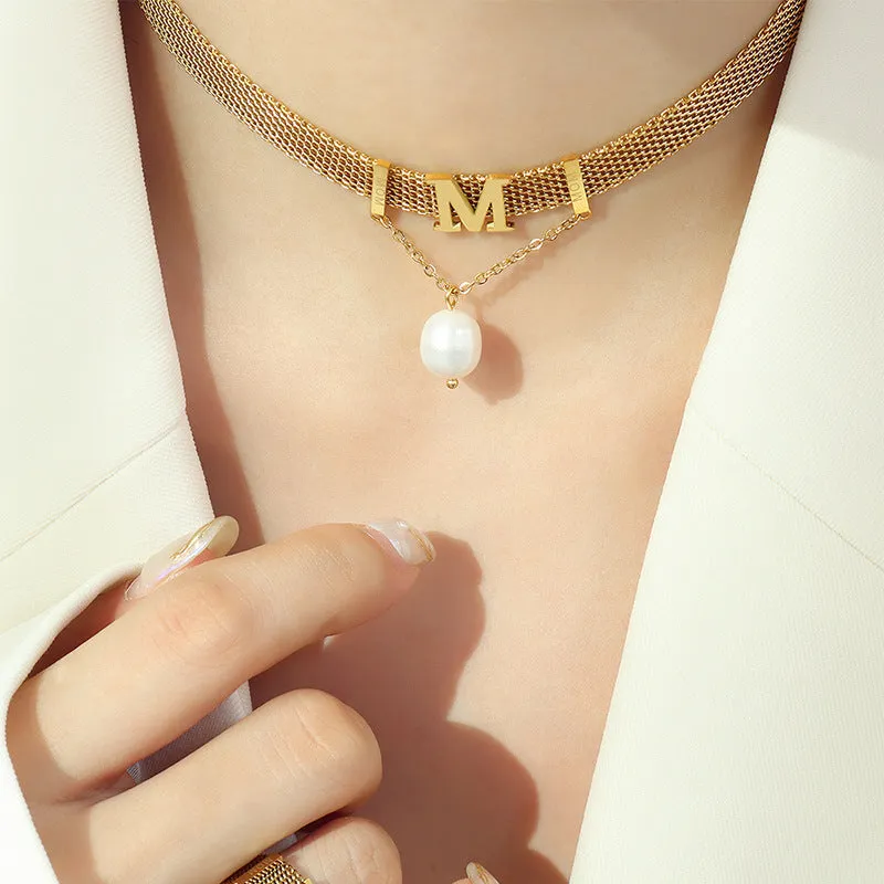 Letter M Pearl Pendant Wide Flat Necklace and Bracelet Set